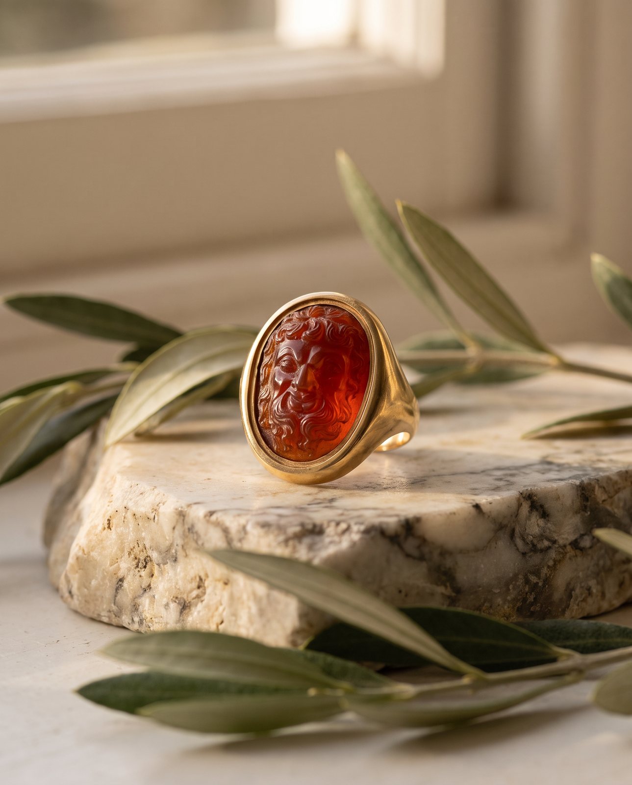 Victorian Carnelian Cameo Ring, Carved Bacchic Mask in 19th Century Gold