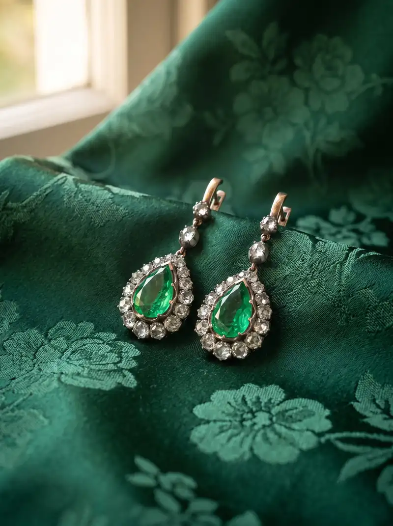 Victorian Colombian Emerald and Diamond Drop Earrings, antique earrings at Mozeris Fine Antiques