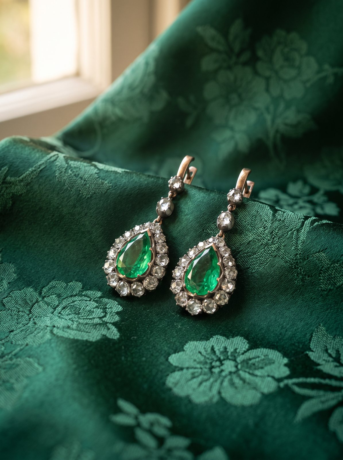 Victorian Colombian Emerald and Diamond Drop Earrings, antique earrings at Mozeris Fine Antiques