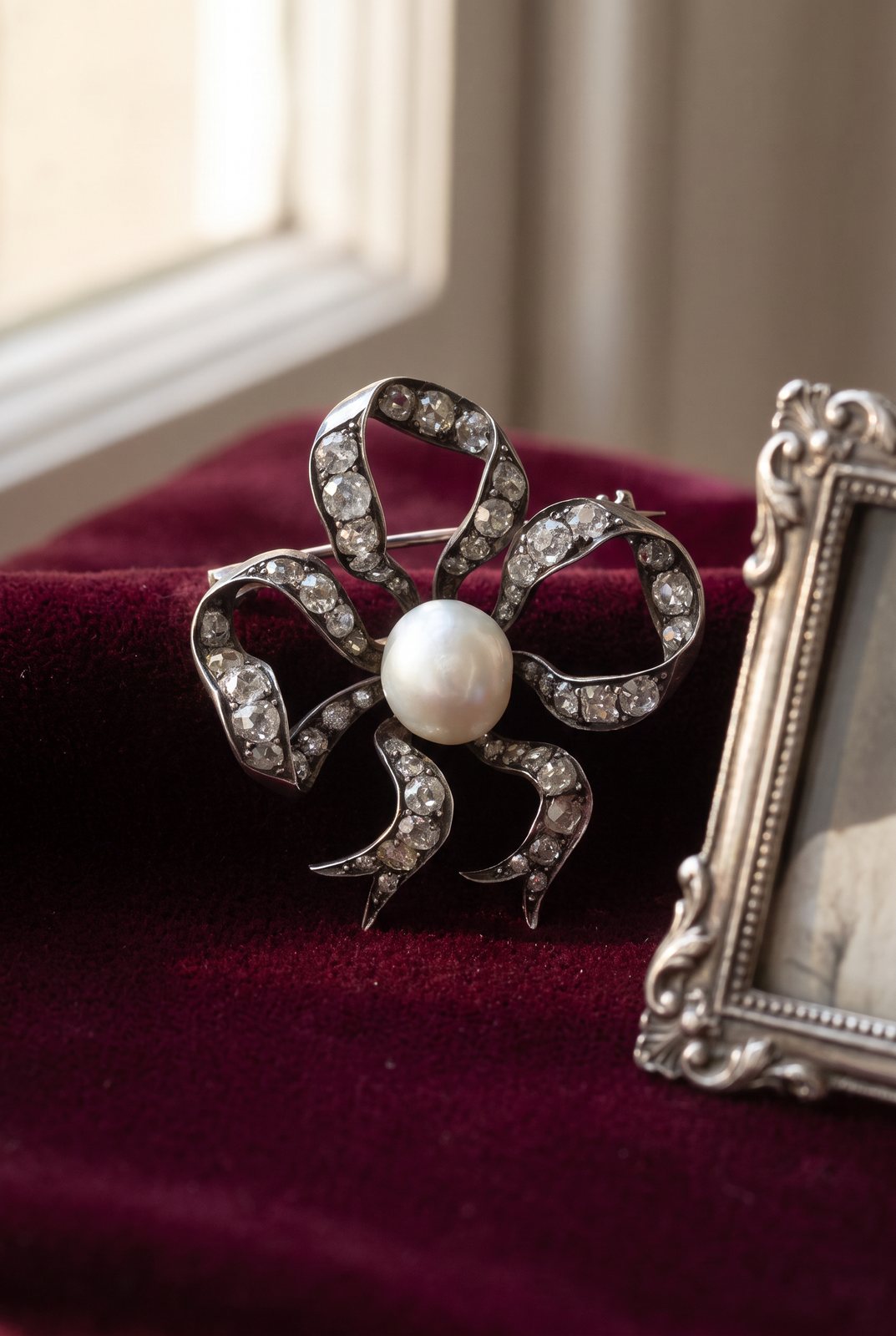 Victorian Natural Pearl and Diamond Bow Brooch, Victorian jewellery at Mozeris Fine Antiques