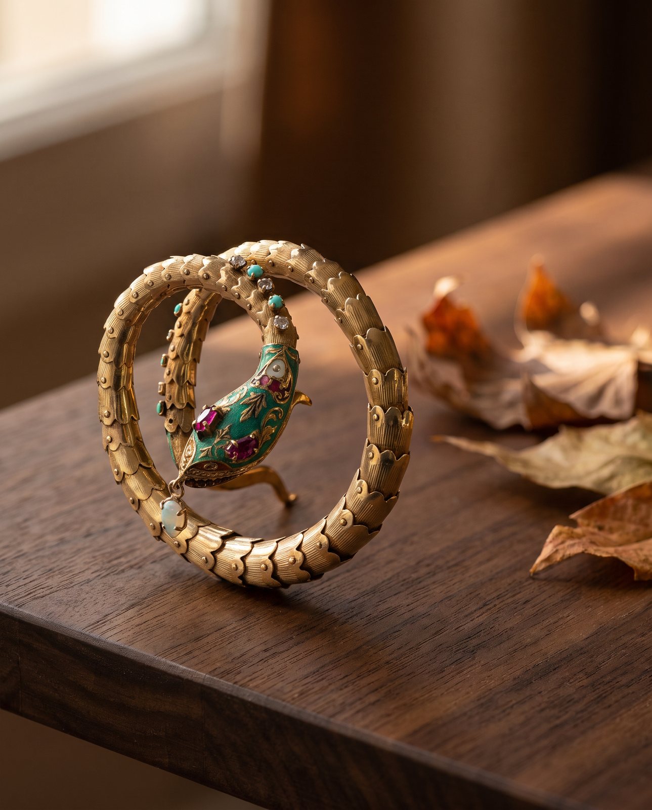Vintage 14KT Gold Serpent Bracelet, Turquoise Enamel, Ruby, Opal and Diamond