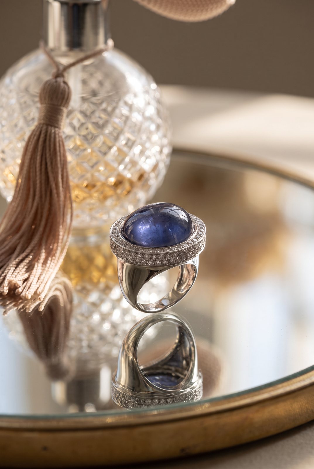Vintage 23 Carat Sapphire Cabochon and Diamond Dome Ring, 18KT White Gold, Vintage jewellery at Mozeris Fine Antiques