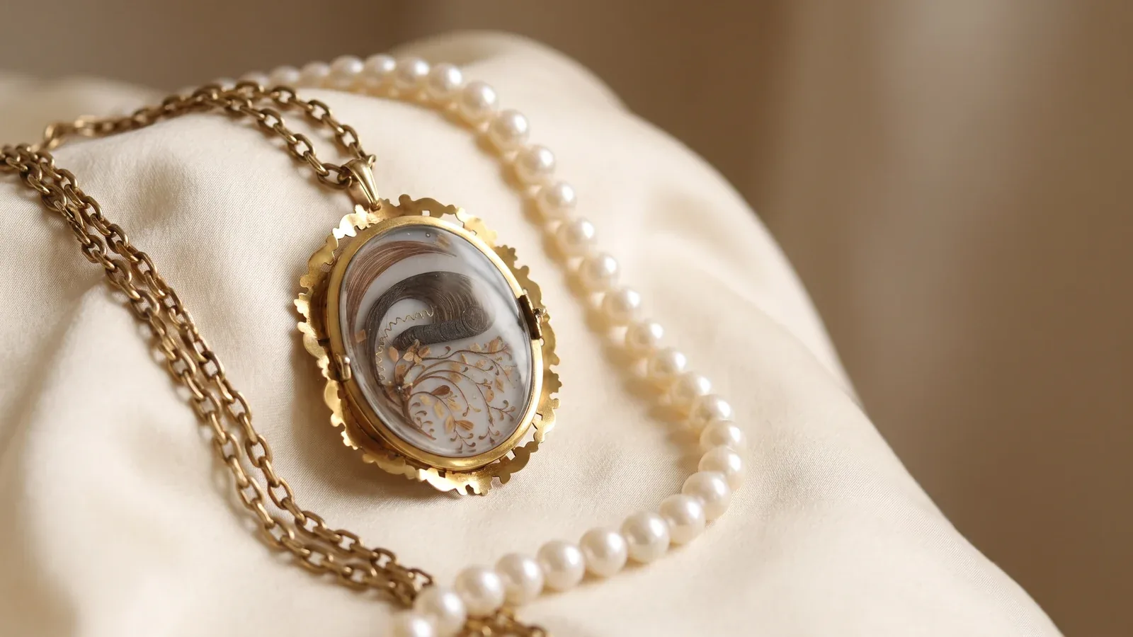 A Victorian gold locket on a long chain beside a strand of pearls on cream silk, no faces, no logos