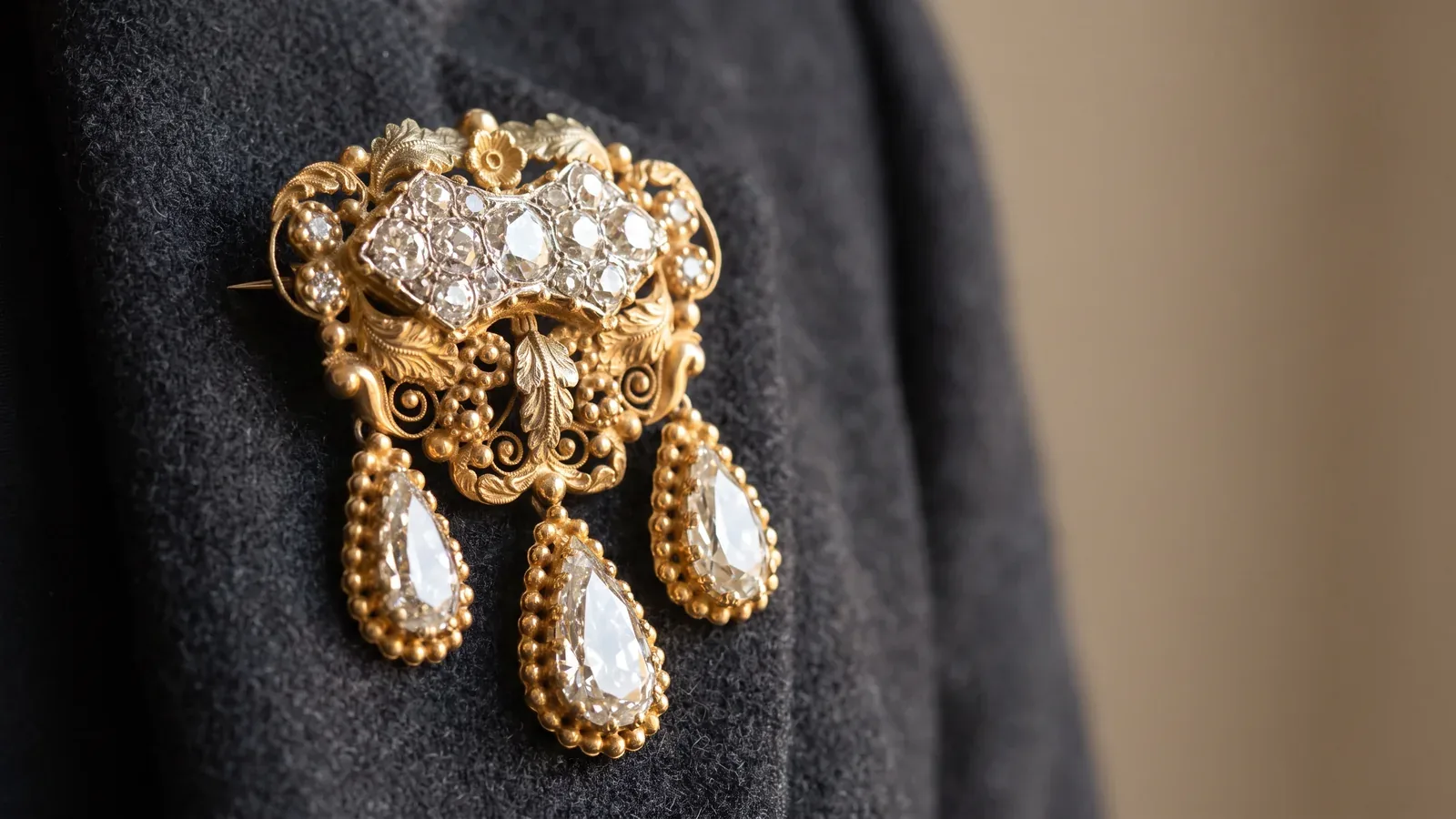 A Victorian gold and diamond brooch pinned to a dark wool lapel, no faces
