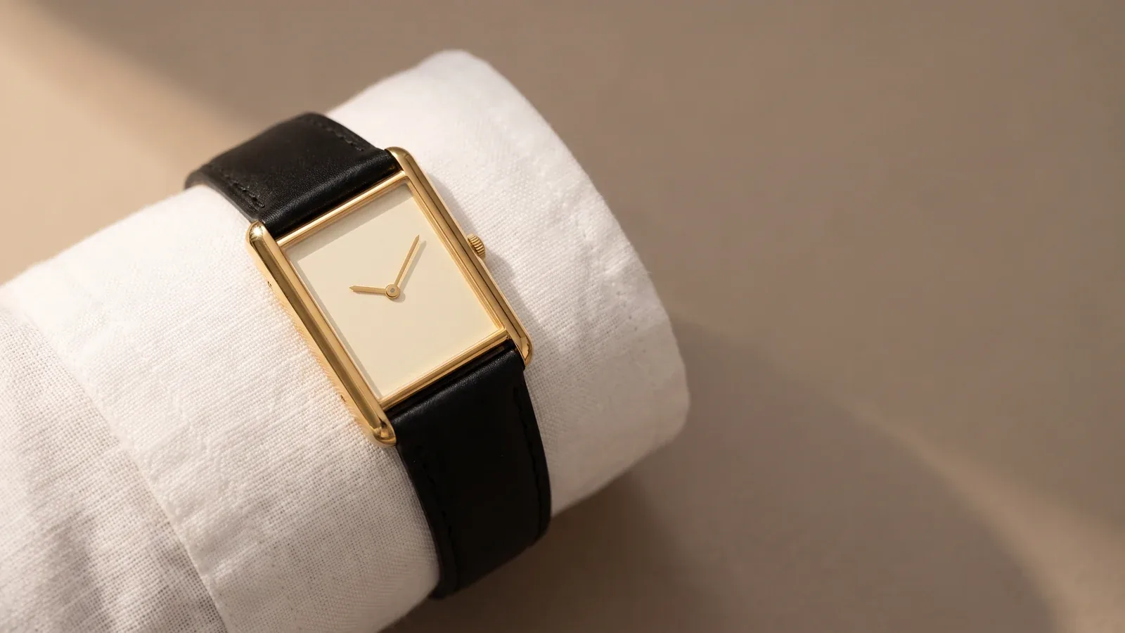 A rectangular gold dress watch on a black leather strap lying on a white linen cuff, plain dial with no lettering, no faces