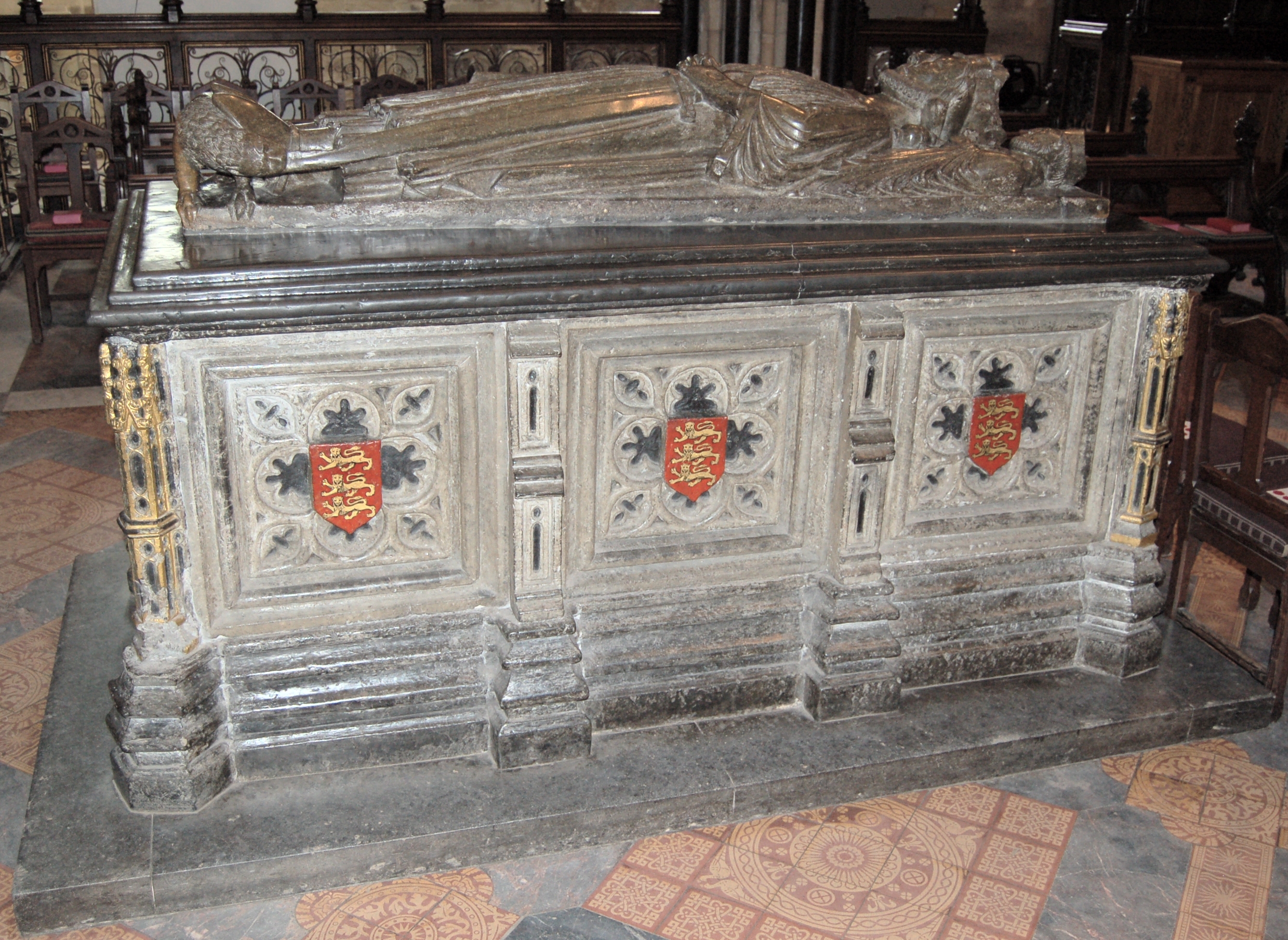 The tomb and effigy of King John in Worcester Cathedral, where he was buried after his death at Newark in October 1216
