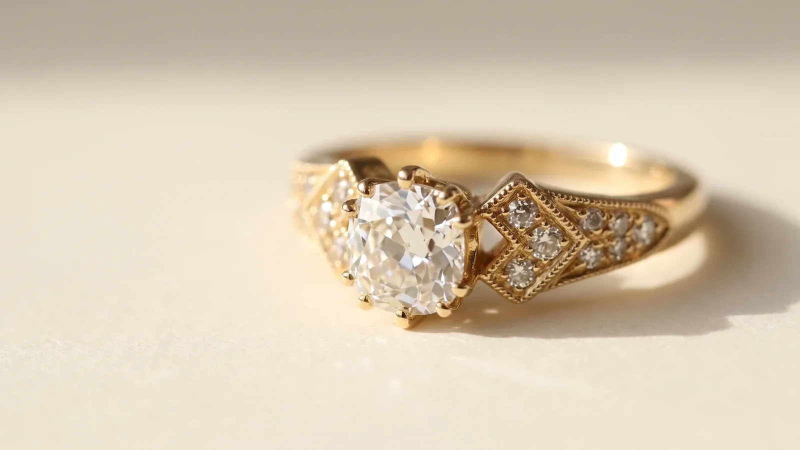 An antique yellow-gold solitaire ring with a cushion-shaped old mine cut diamond, macro, on a white background