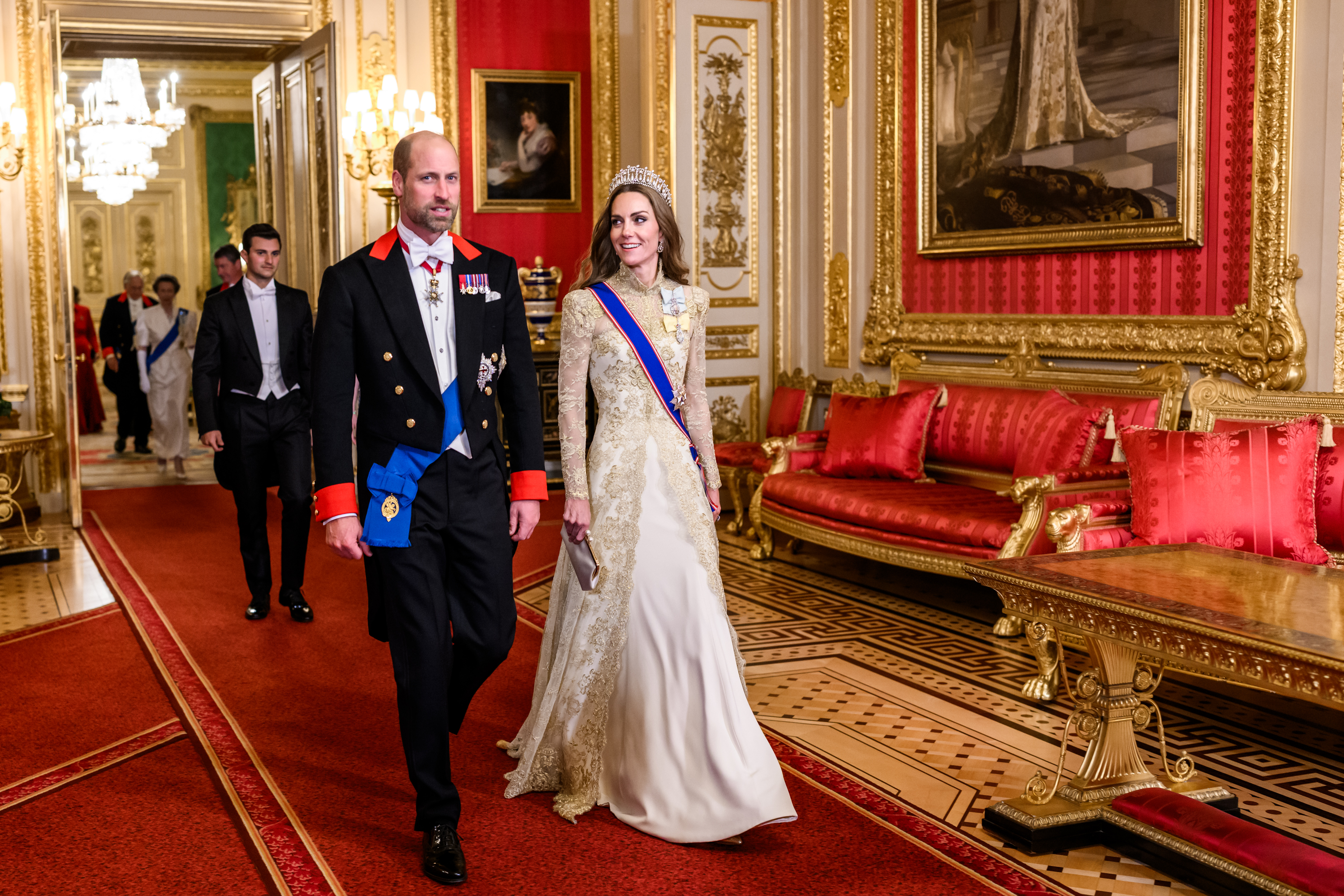 The Princess of Wales in Queen Mary's Lover's Knot tiara at a Windsor Castle state banquet, September 2025
