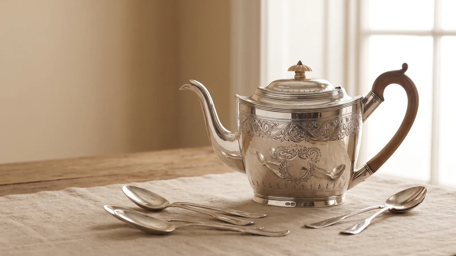 A Georgian silver teapot and spoons with small hallmarks visible, no maker logos and no legible lettering