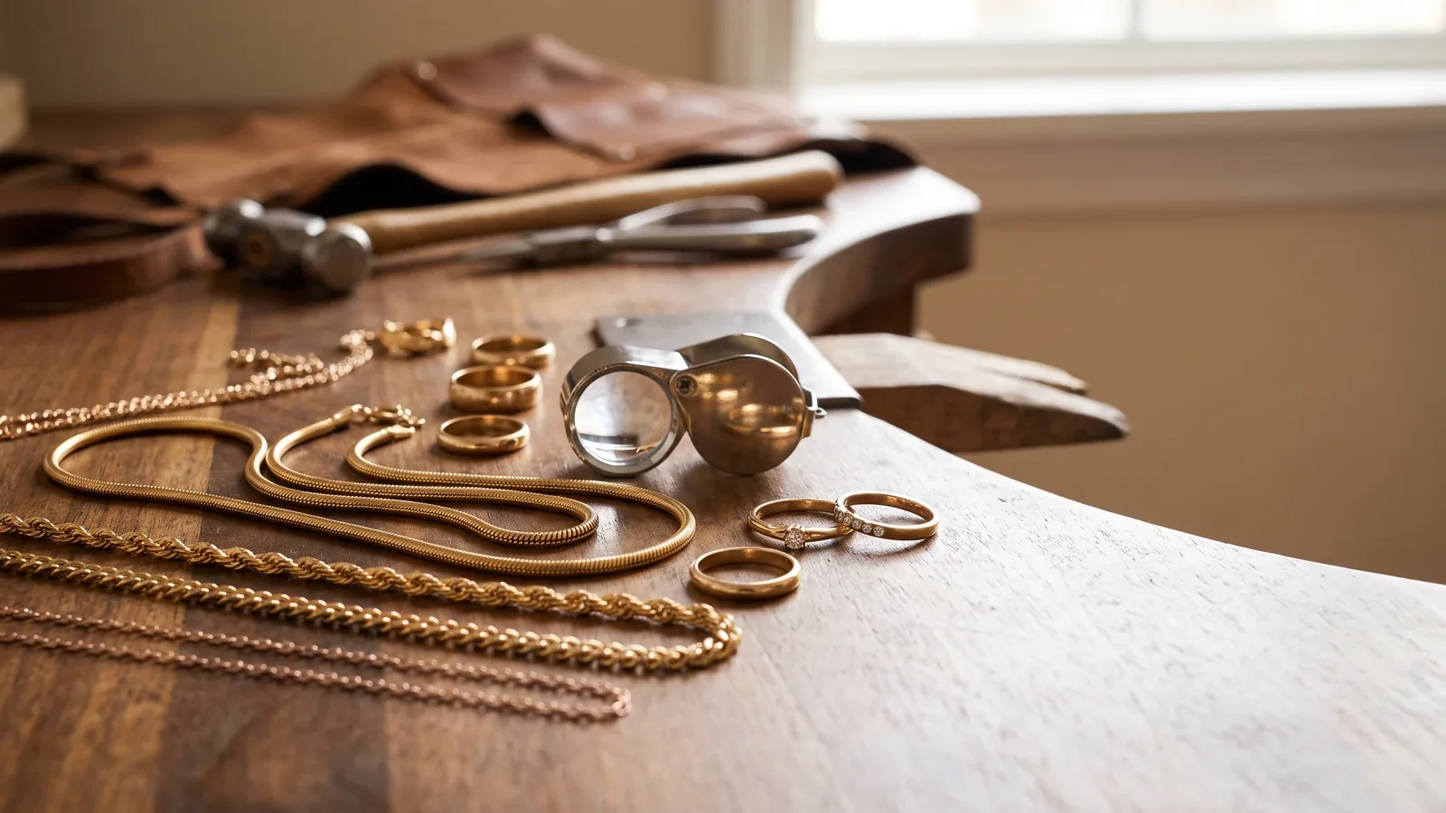 Assorted gold chains and rings on a jeweller's bench with a loupe, no hands or faces