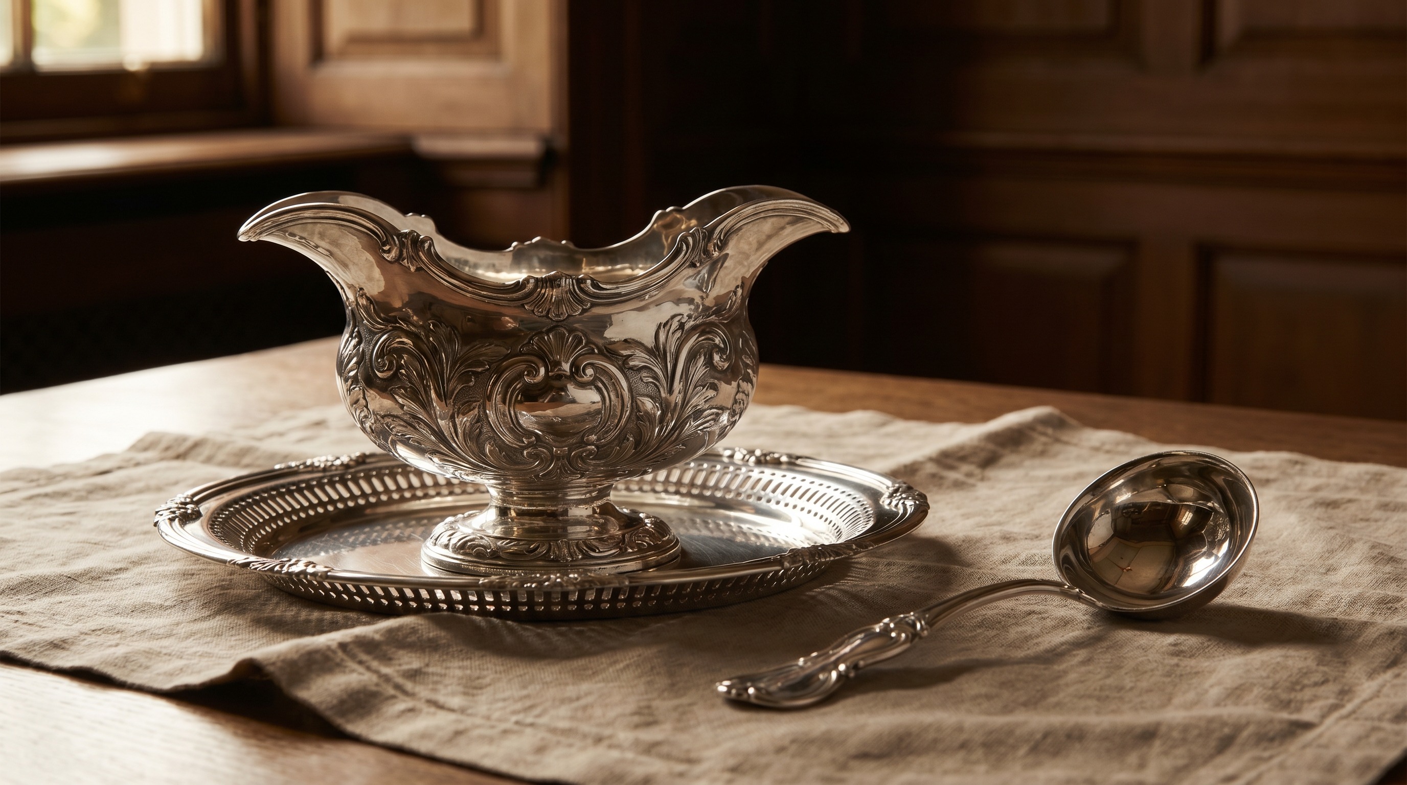 Magnificent antique English Rococo sterling silver sauce boat and salver — in the style of Paul Crespin, London silversmith — guide by Mozeris Fine Antiques