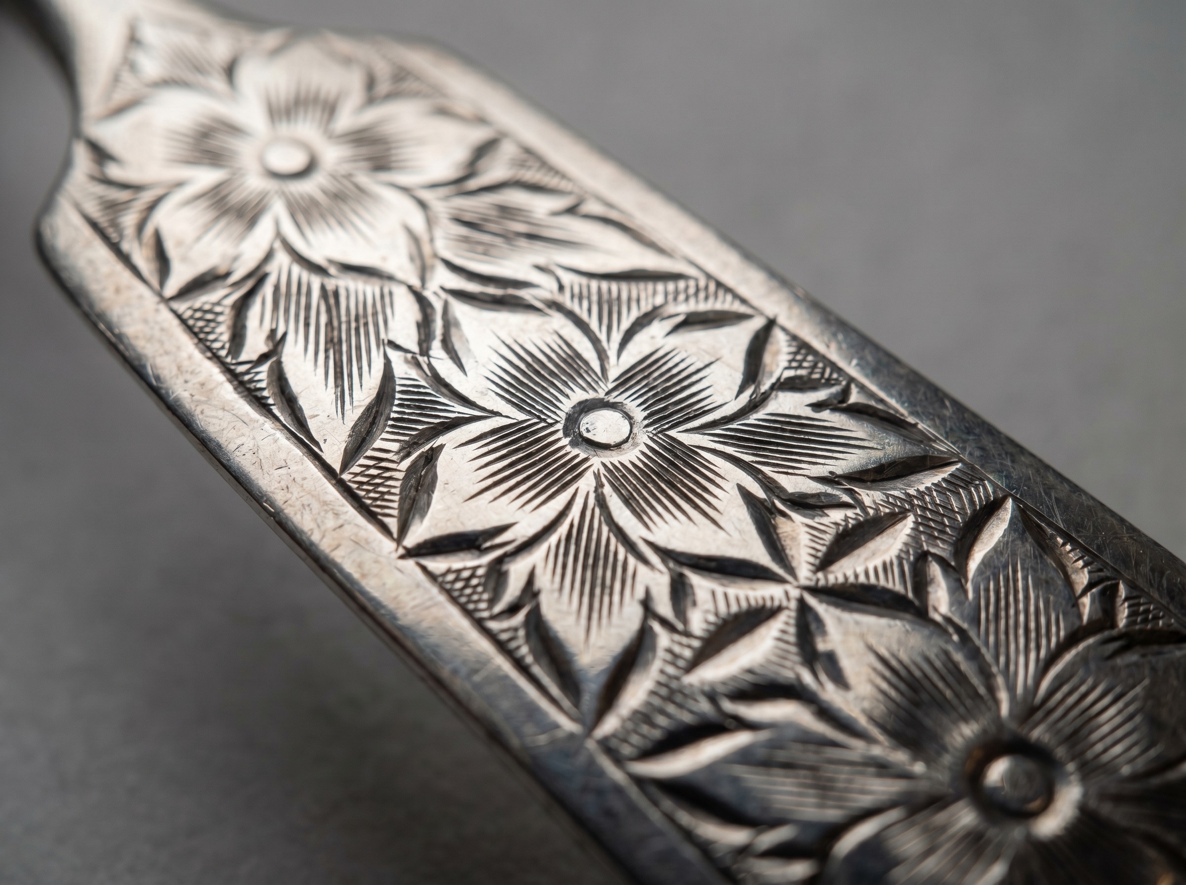 Extreme macro of bright-cut engraving on late Georgian English sterling silver — geometric floral pattern