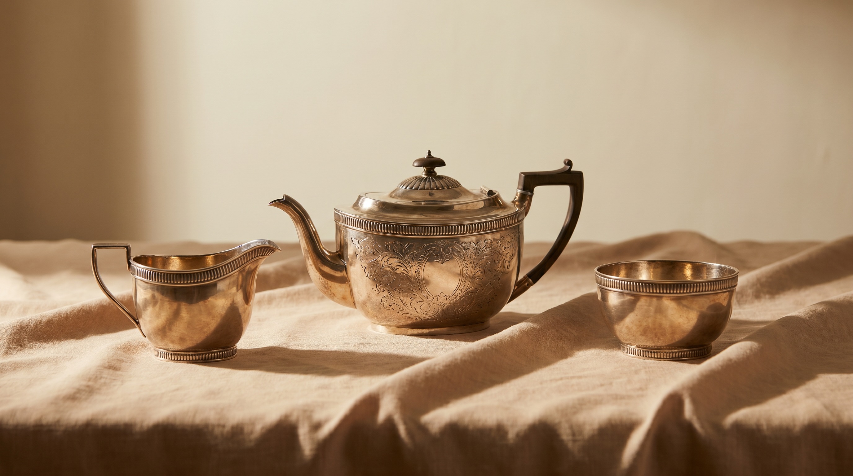 Antique English late Georgian sterling silver bright-cut oval teapot, cream jug and sugar bowl — in the style of Peter and Ann Bateman — guide by Mozeris Fine Antiques