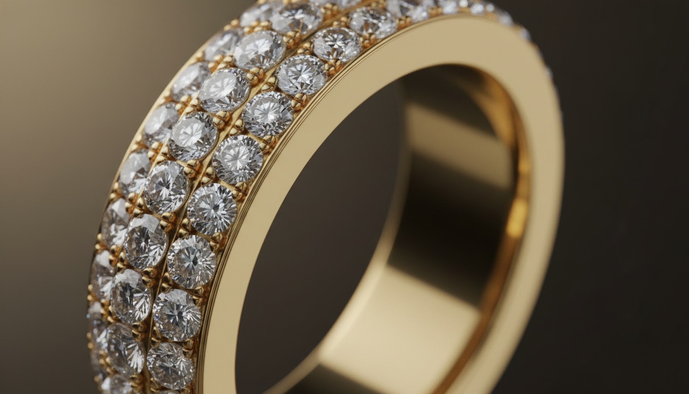 Close-up of a spinning diamond-set band turning around a gold ring