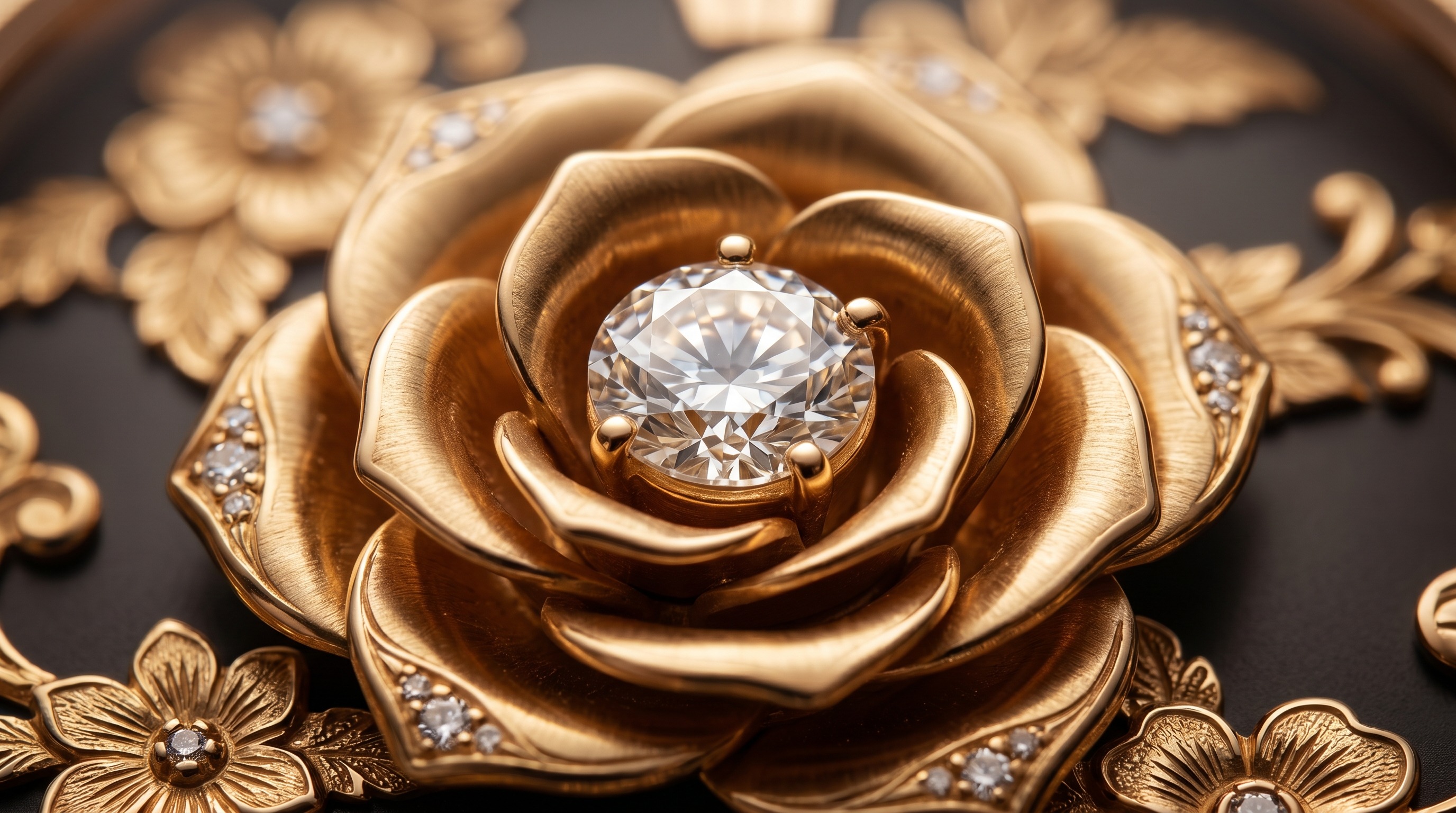 Close-up of sculpted gold rose petals with a central diamond