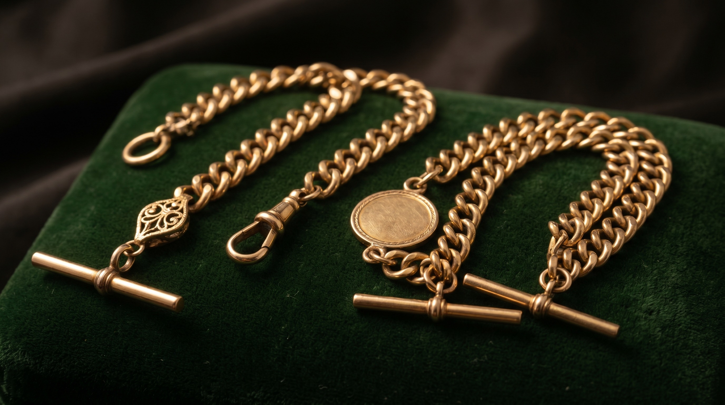 Antique gold pocket watch chains — single and double Albert with T-bars — Mozeris Fine Antiques