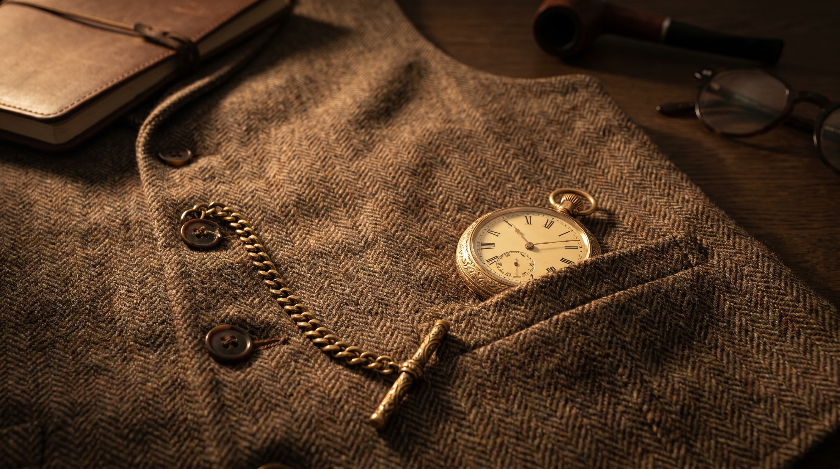Gold Albert chain threaded through a tweed waistcoat buttonhole with a pocket watch in the pocket