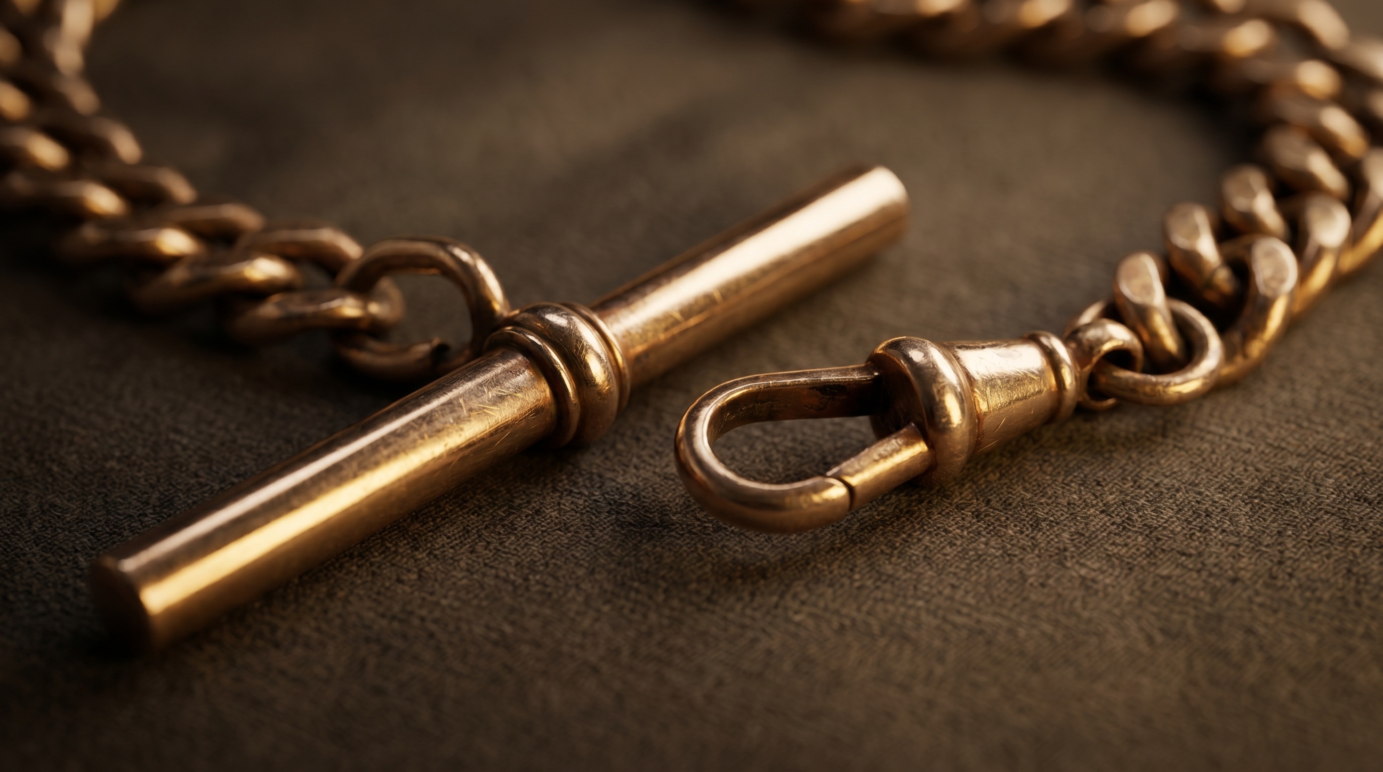 Macro of a gold T-bar and swivel dog-clip on a curb-link pocket watch chain