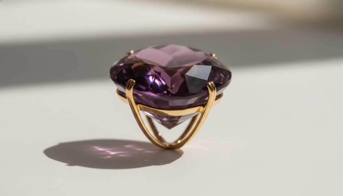 Close-up of a large faceted coloured gemstone in a minimal open gold setting