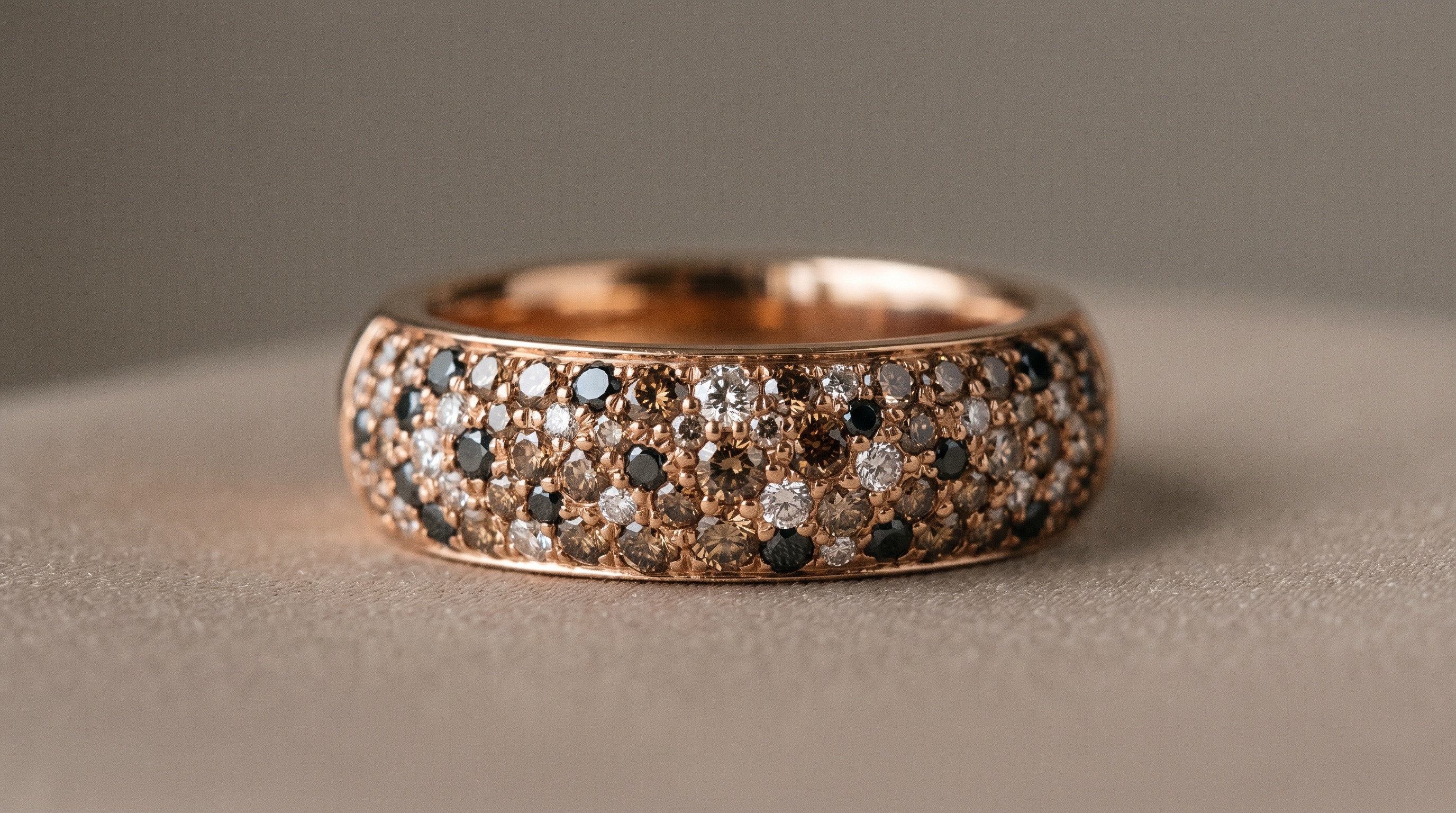Pomellato Sabbia rose gold ring scattered with brown white and black diamonds — Mozeris Fine Antiques