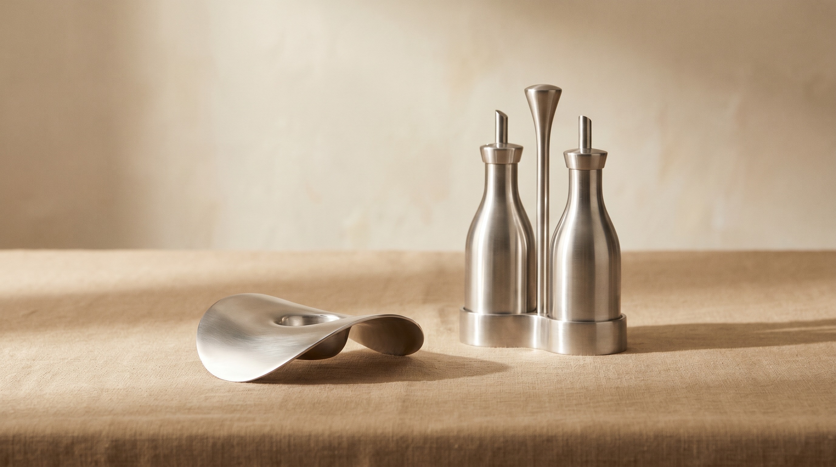 Mid-century modern sterling silver candle holder and cruet set in the style of Robert Welch — Mozeris Fine Antiques guide