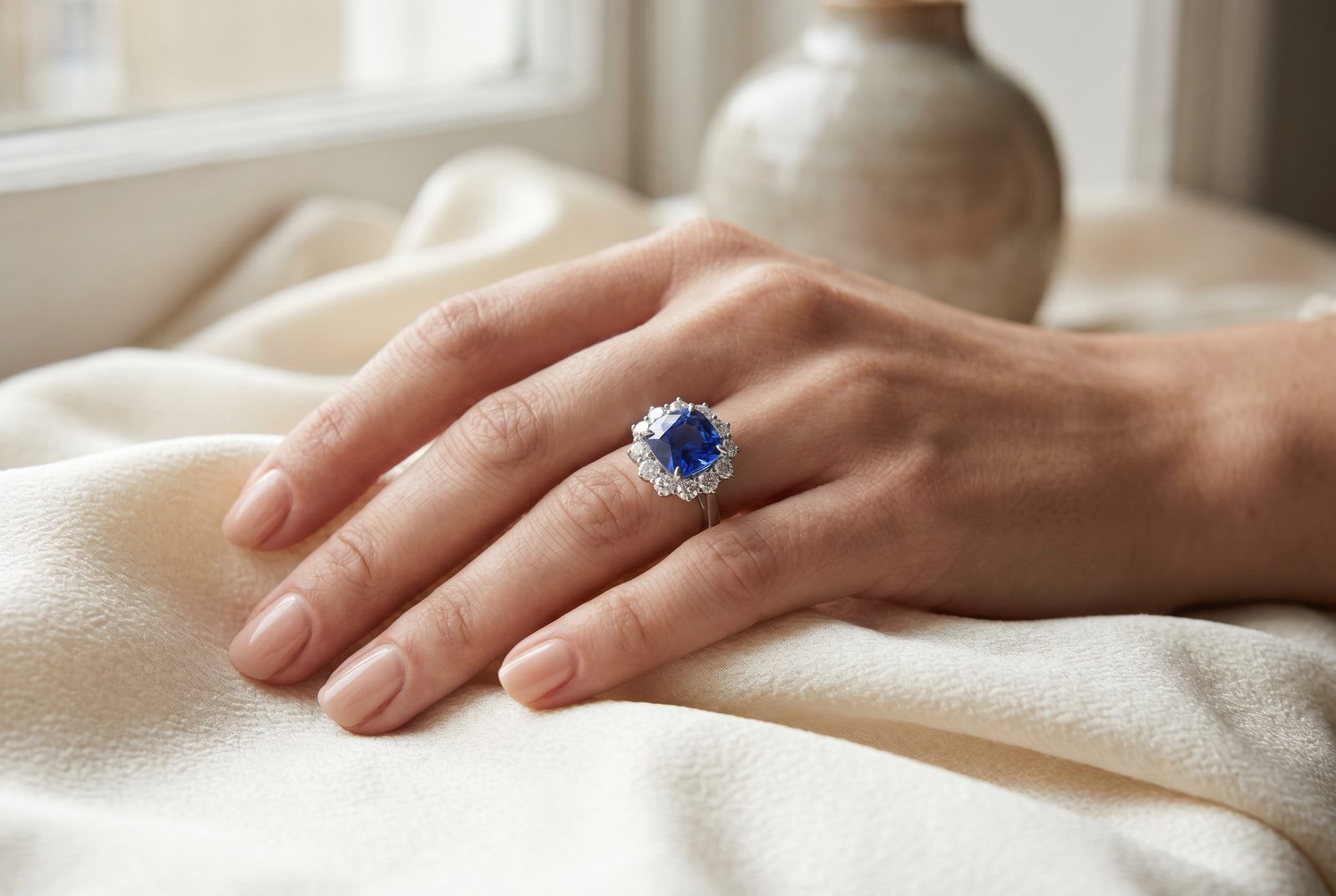 A blue sapphire and diamond cluster engagement ring worn on the hand