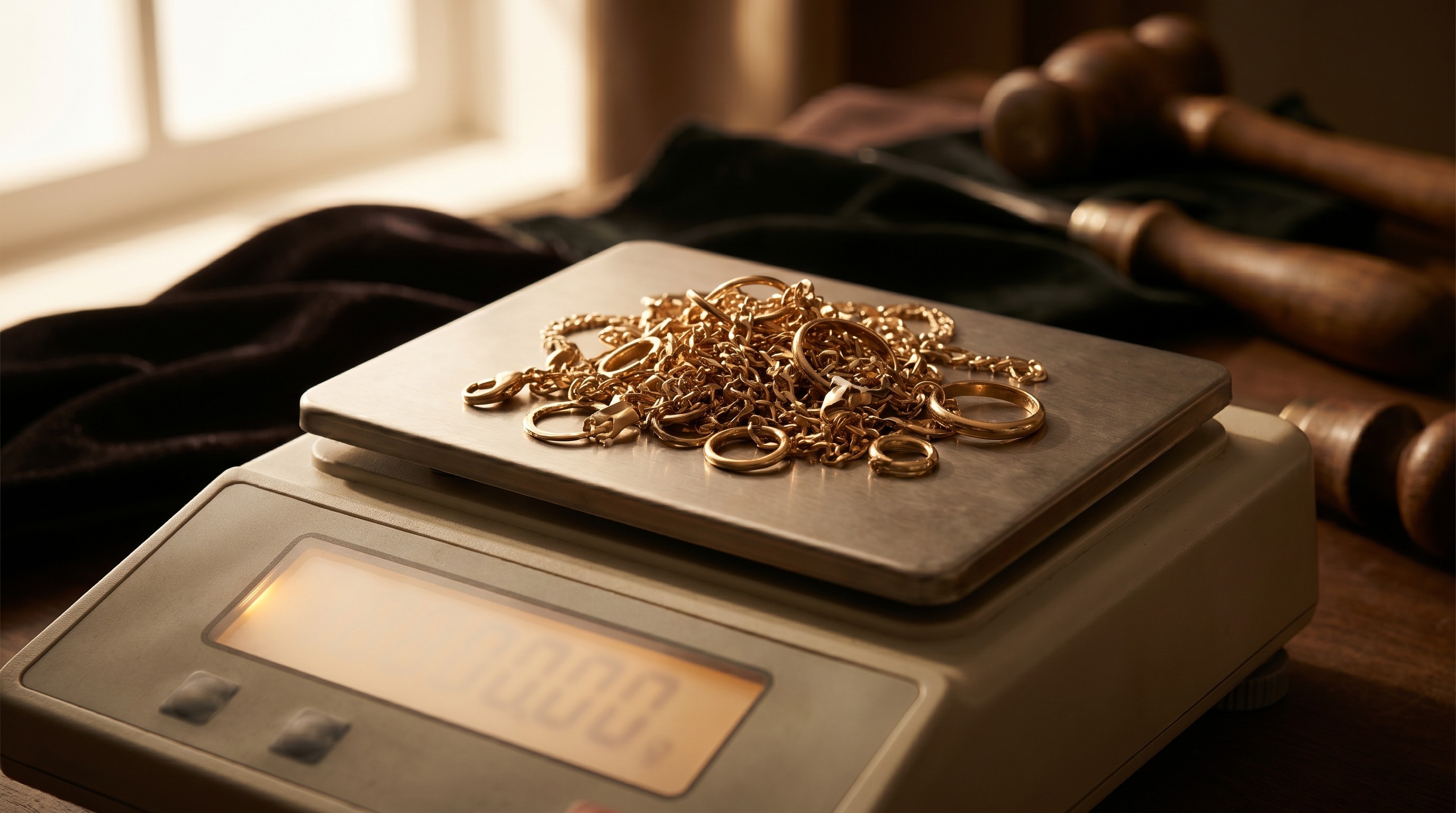 Broken scrap gold jewellery on a precision jeweller's scale