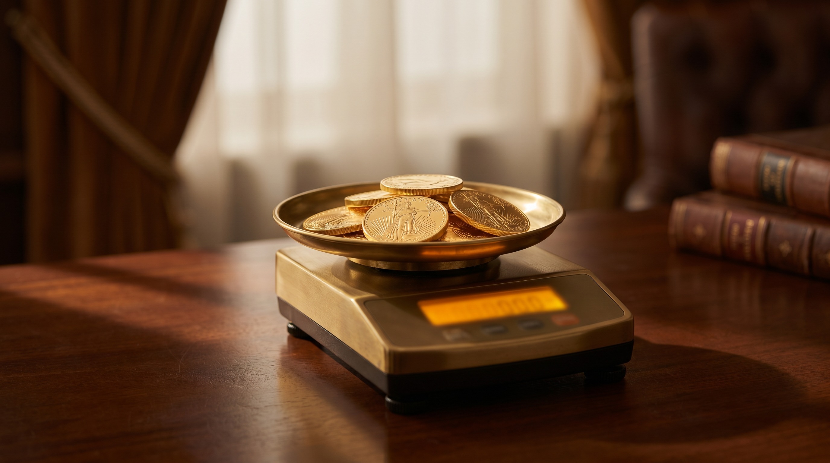 One-ounce gold Krugerrand coins on a jeweller's scale