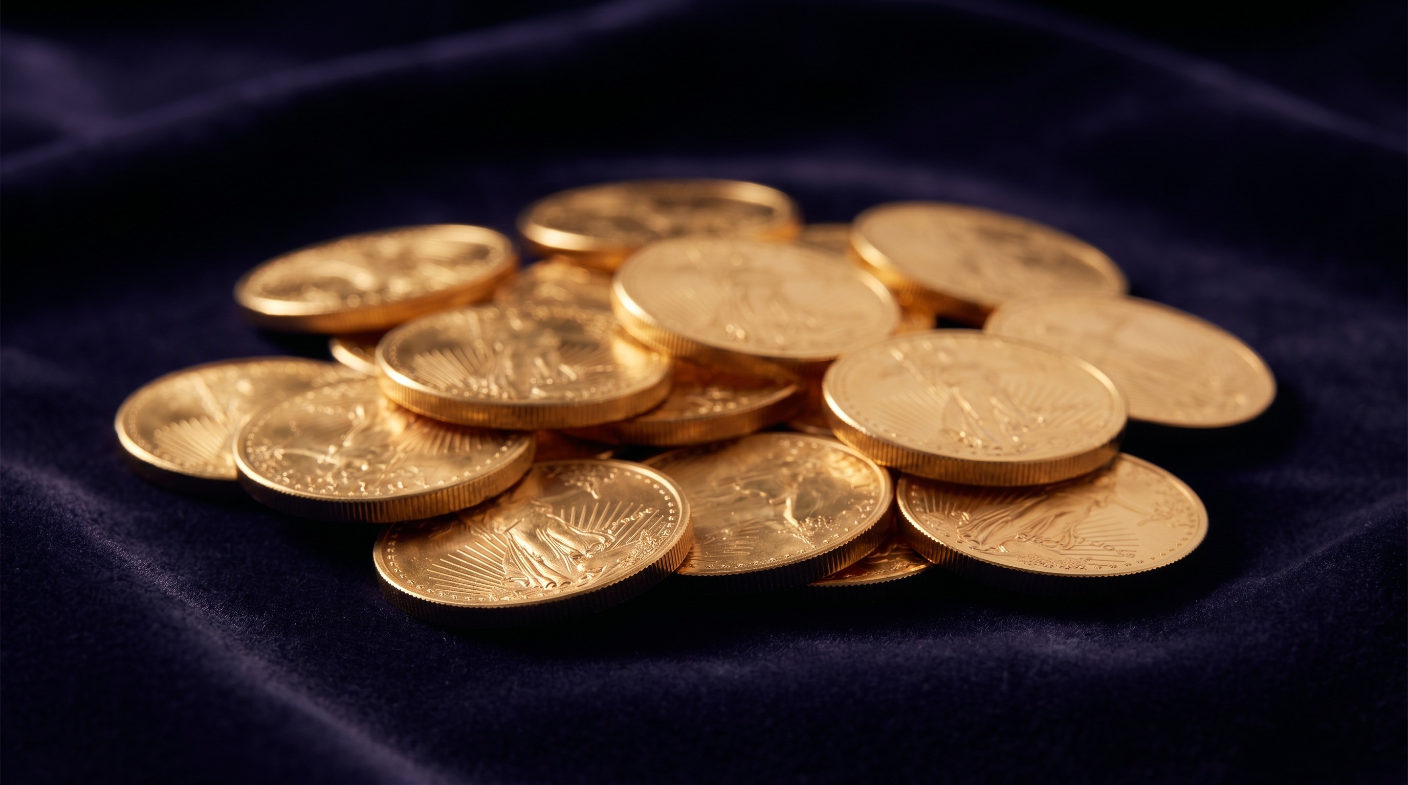 A pile of one-ounce gold Krugerrand coins on dark velvet