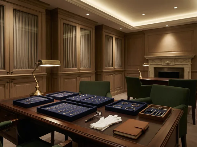 Private gold valuation desk in Mozeris Fine Antiques office with velvet trays and loupe