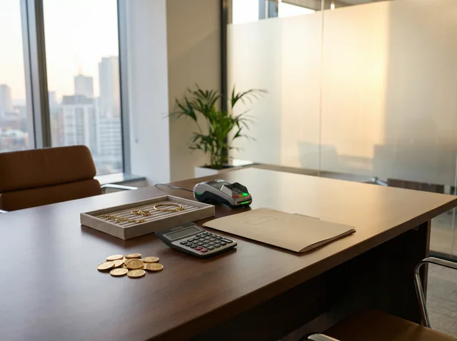 Professional gold appraisal desk with calculator and payment terminal for same-day payout