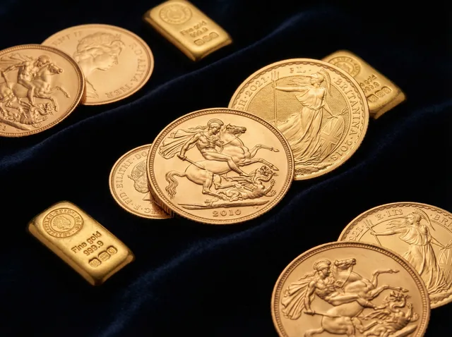 UK gold sovereign coins and small gold pieces on dark velvet, ready for valuation