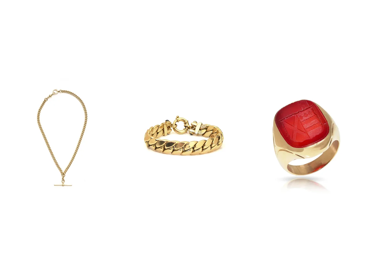 Edwardian 18KT gold curb link Albert chain, 18KT gold Italian curb-link bracelet, Antique 18KT gold carnelian intaglio signet ring