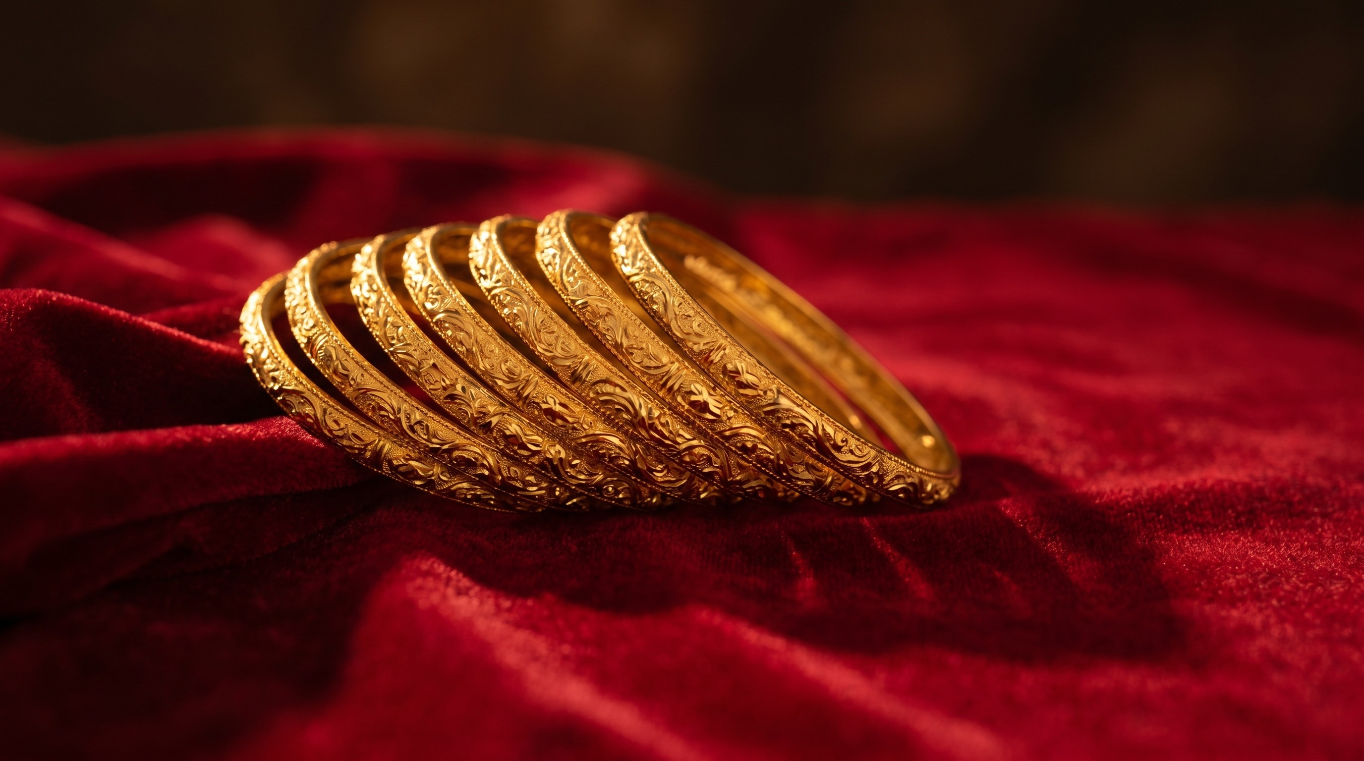 Stack of richly patterned 22 carat Asian gold bangles