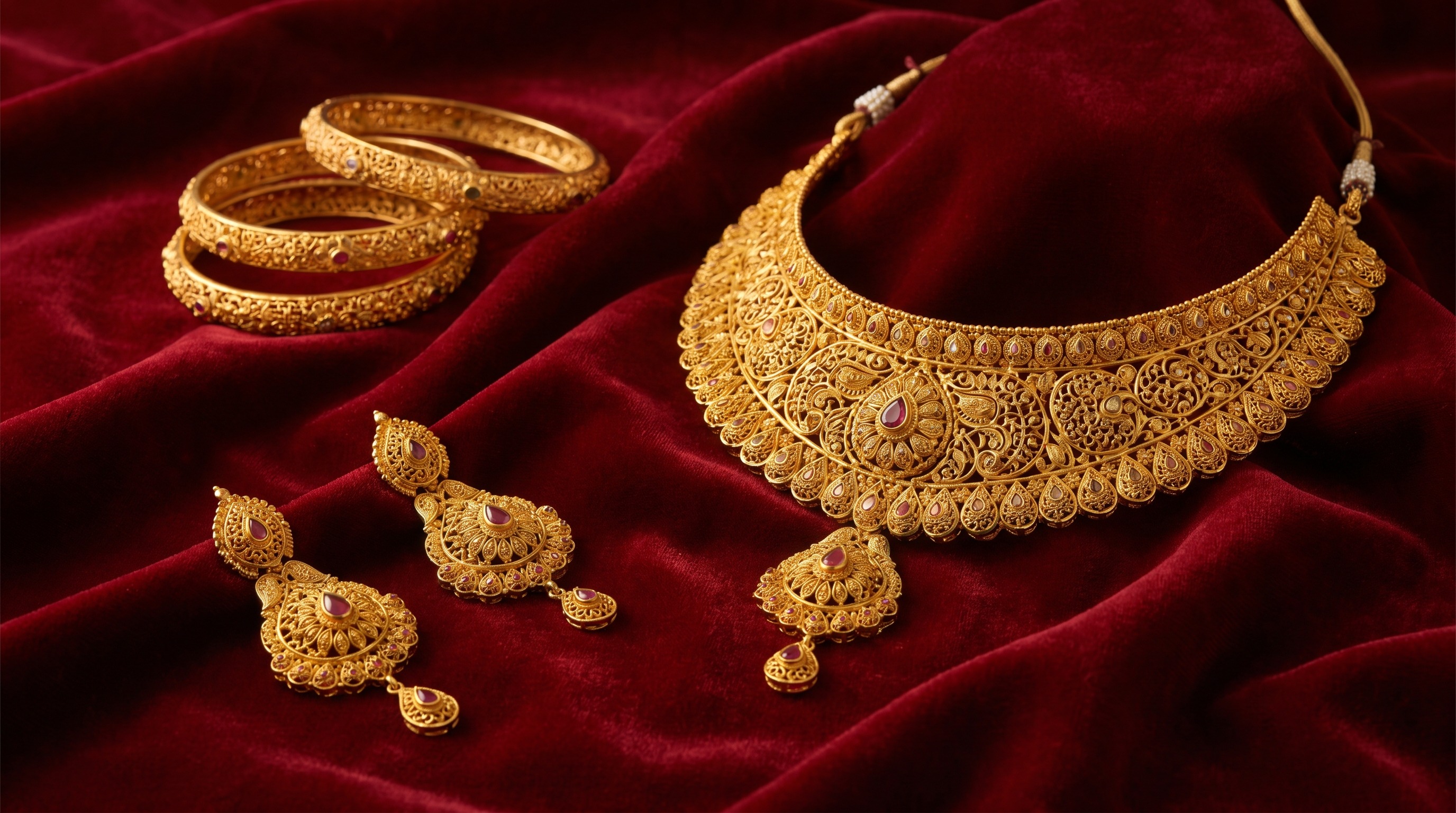 Ornate 22 carat Asian gold wedding jewellery — necklace set and bangles — Mozeris Fine Antiques