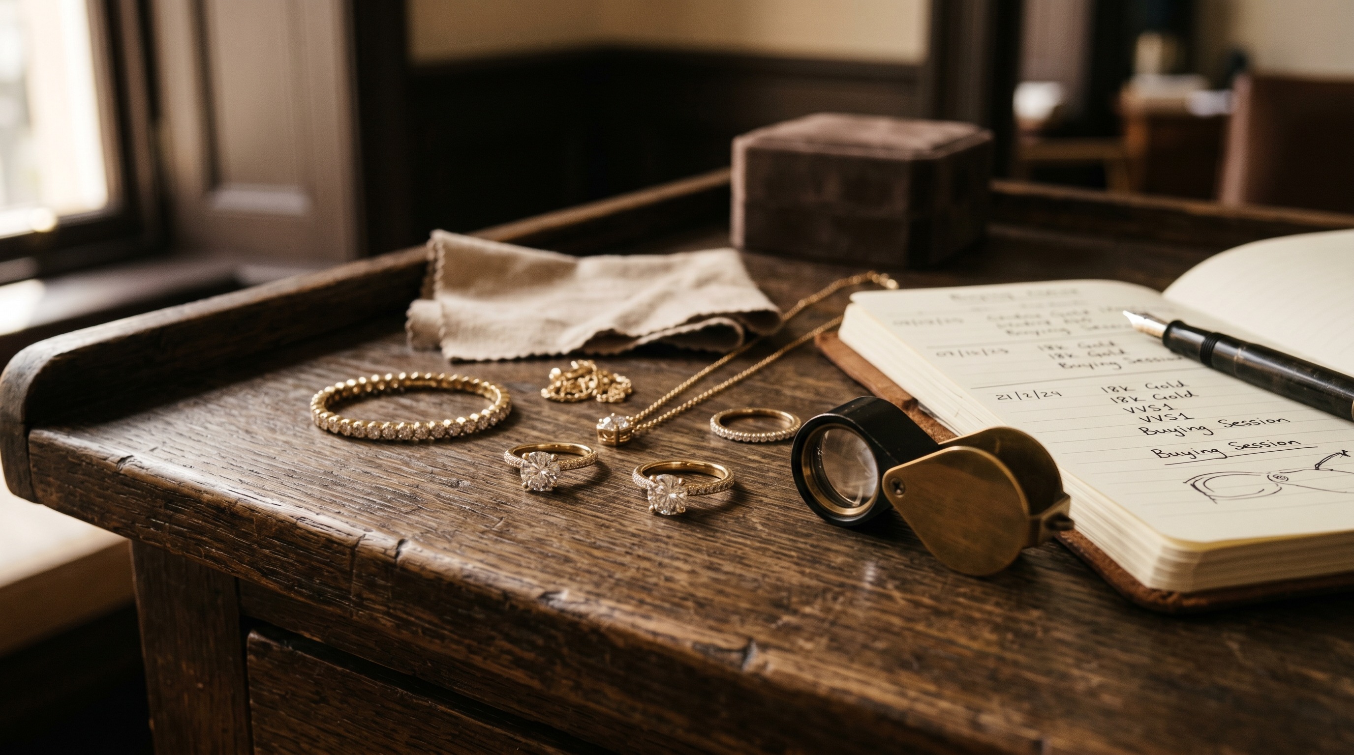 Designer gold and diamond jewellery on a jeweller's desk with a loupe — Mozeris Fine Antiques