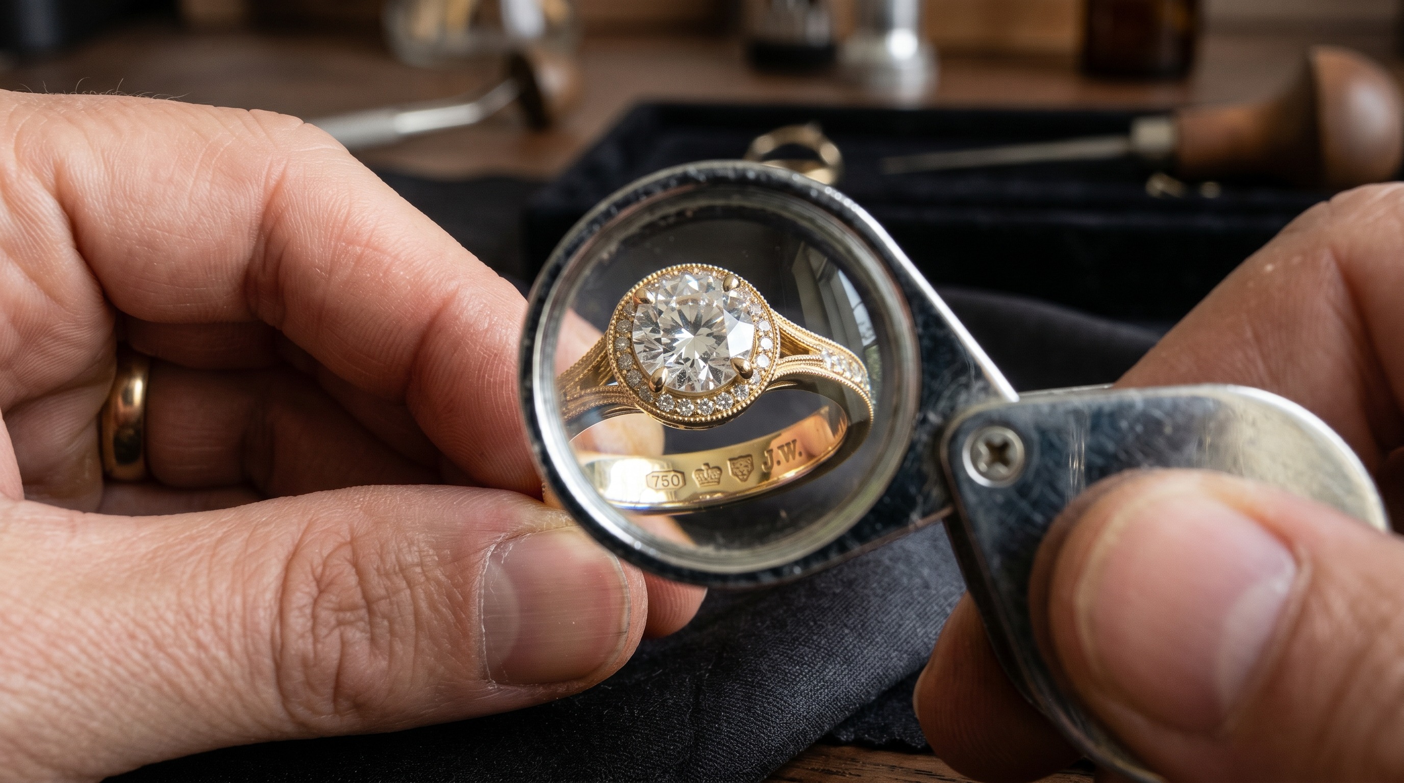 A gold ring and diamond examined under a jeweller's loupe