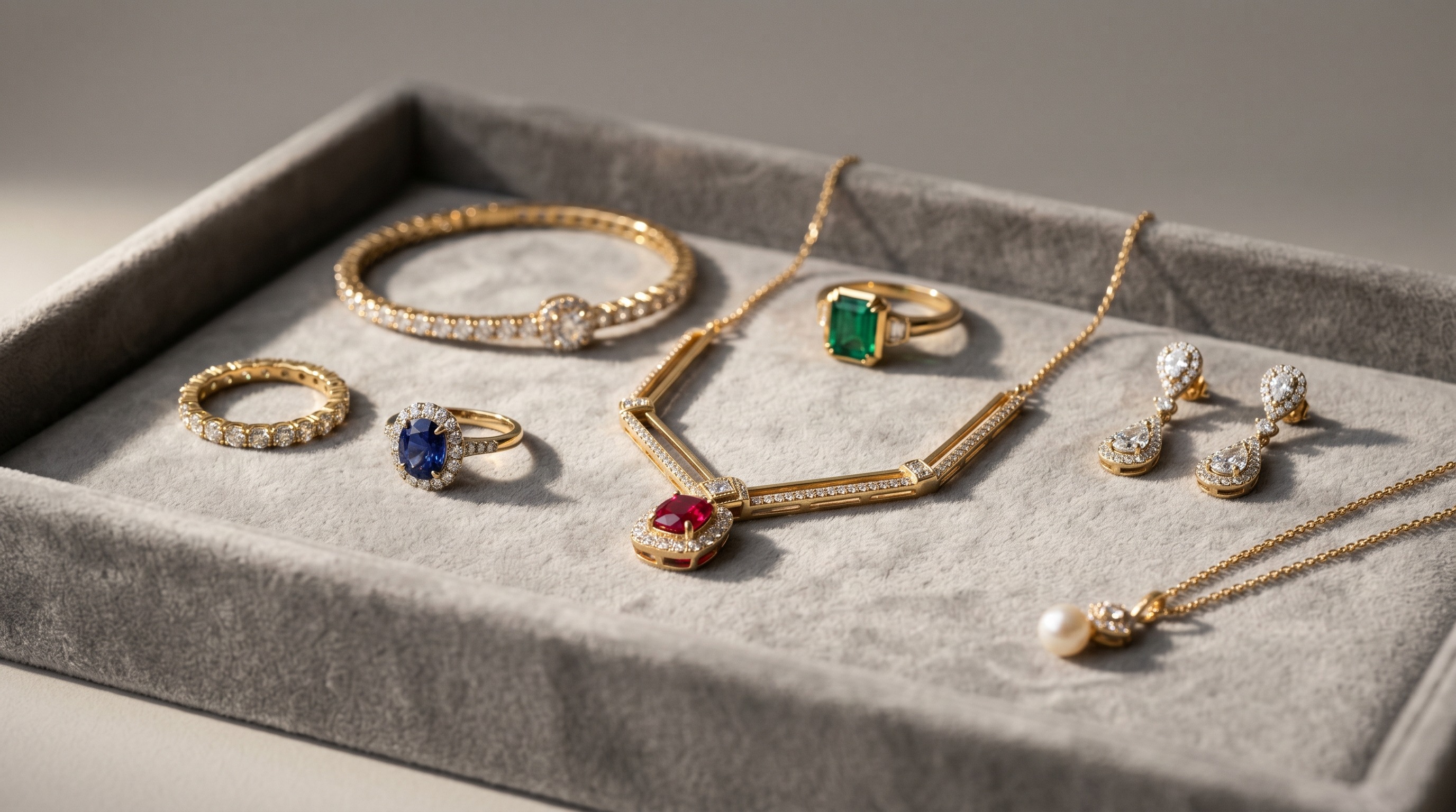 Assortment of fine designer gold and gem jewellery ready for valuation