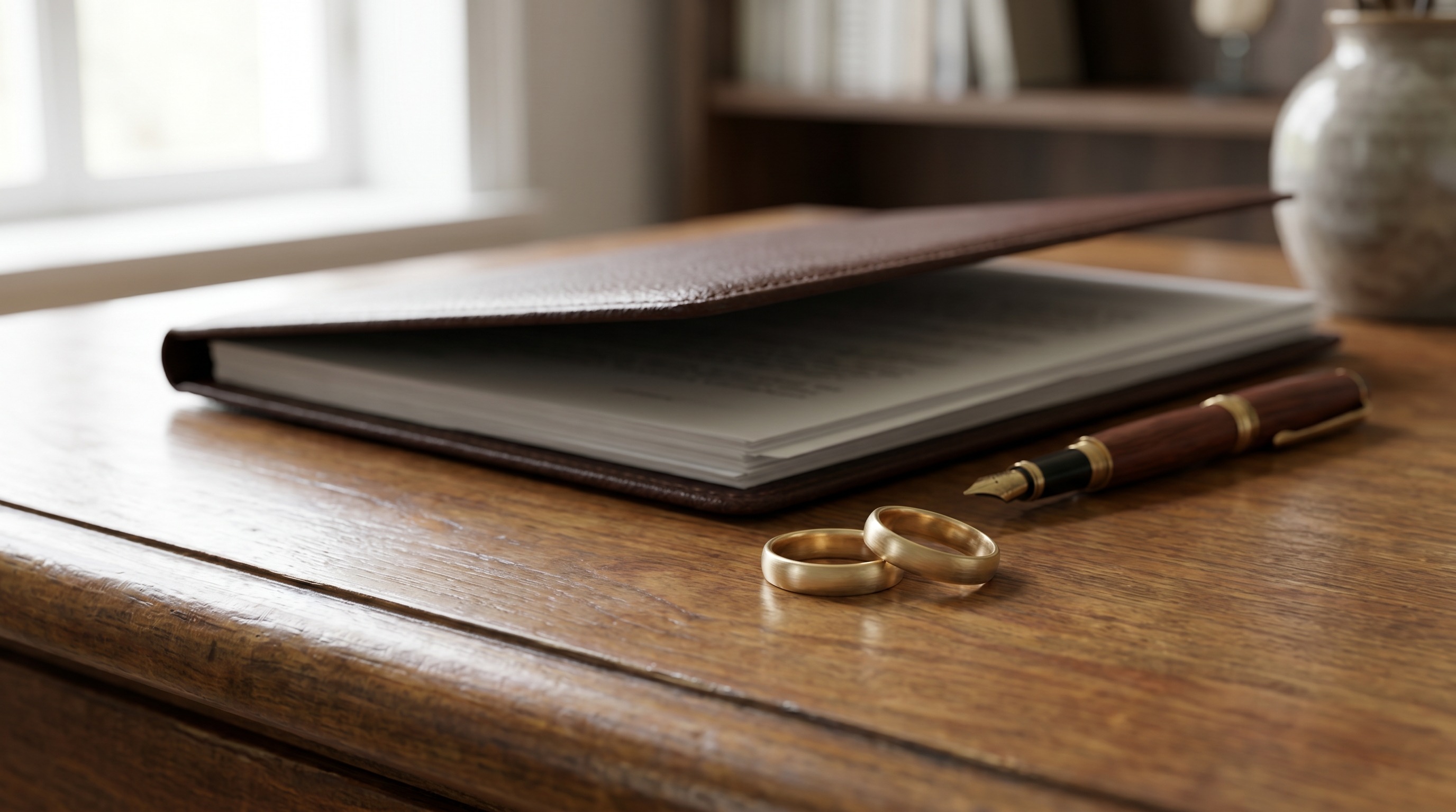 Gold wedding rings beside paperwork — selling gold during divorce UK — Mozeris Fine Antiques