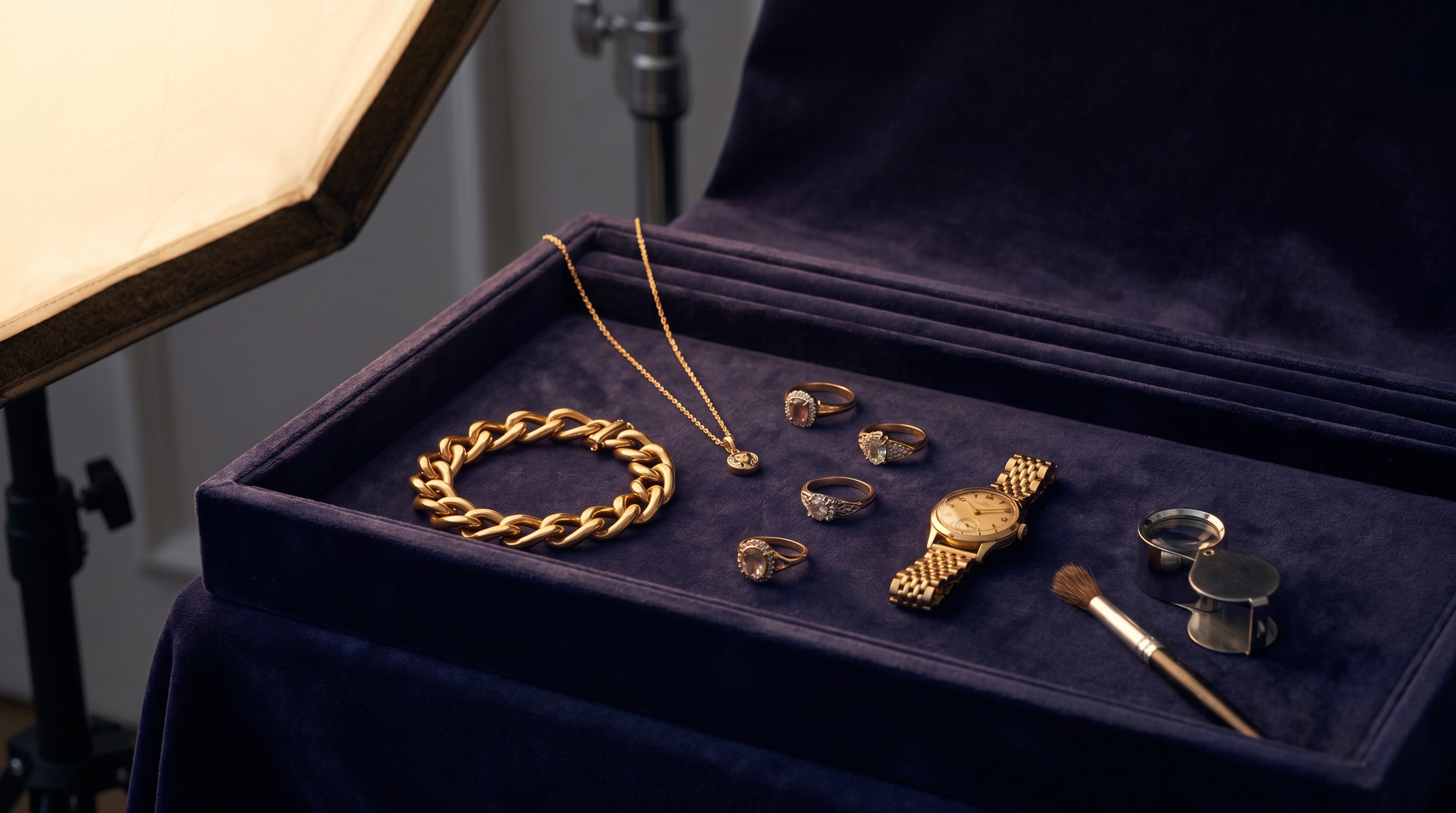 Assorted gold jewellery on a valuation tray