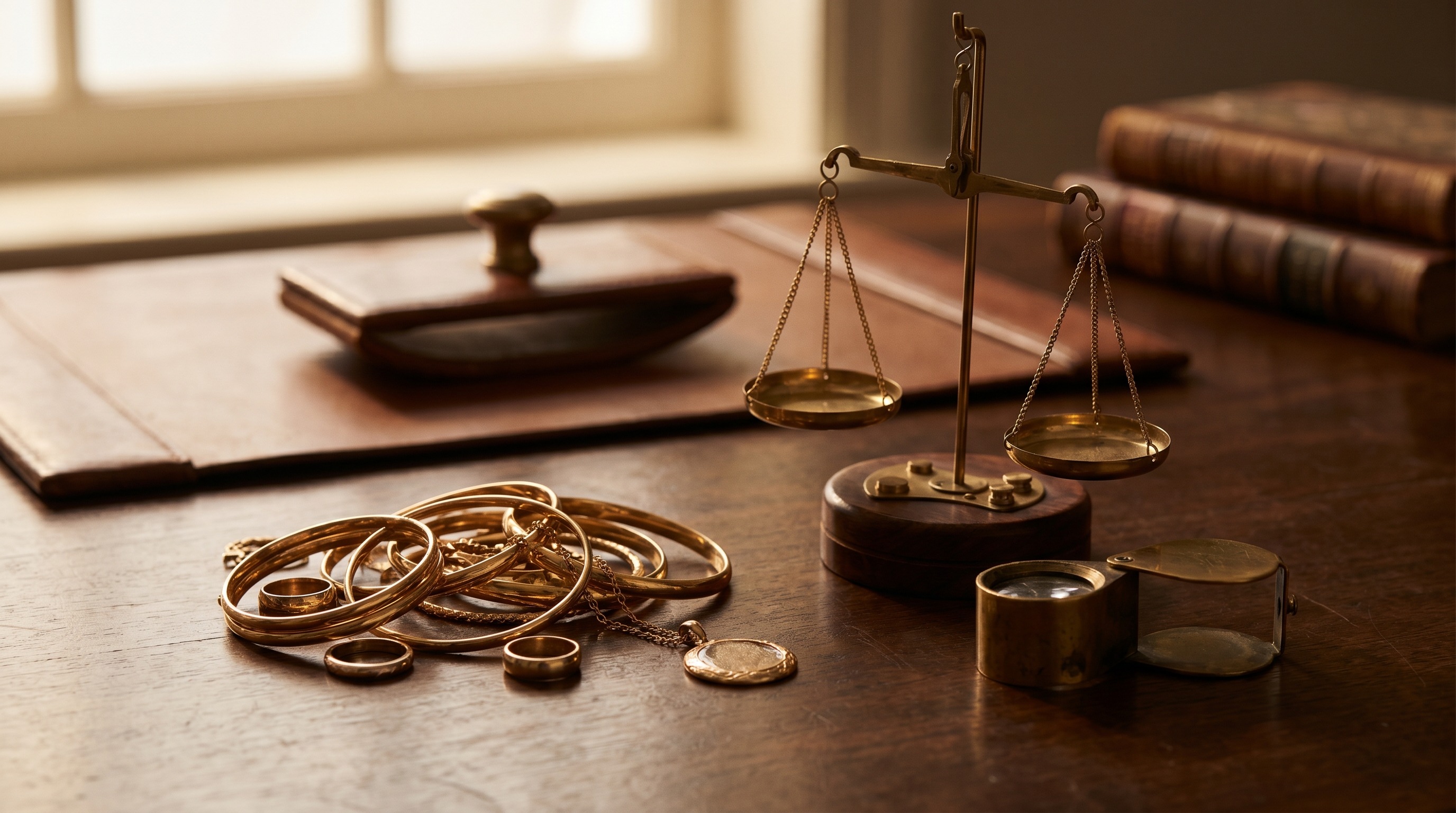 Gold jewellery beside a scale and loupe during a valuation