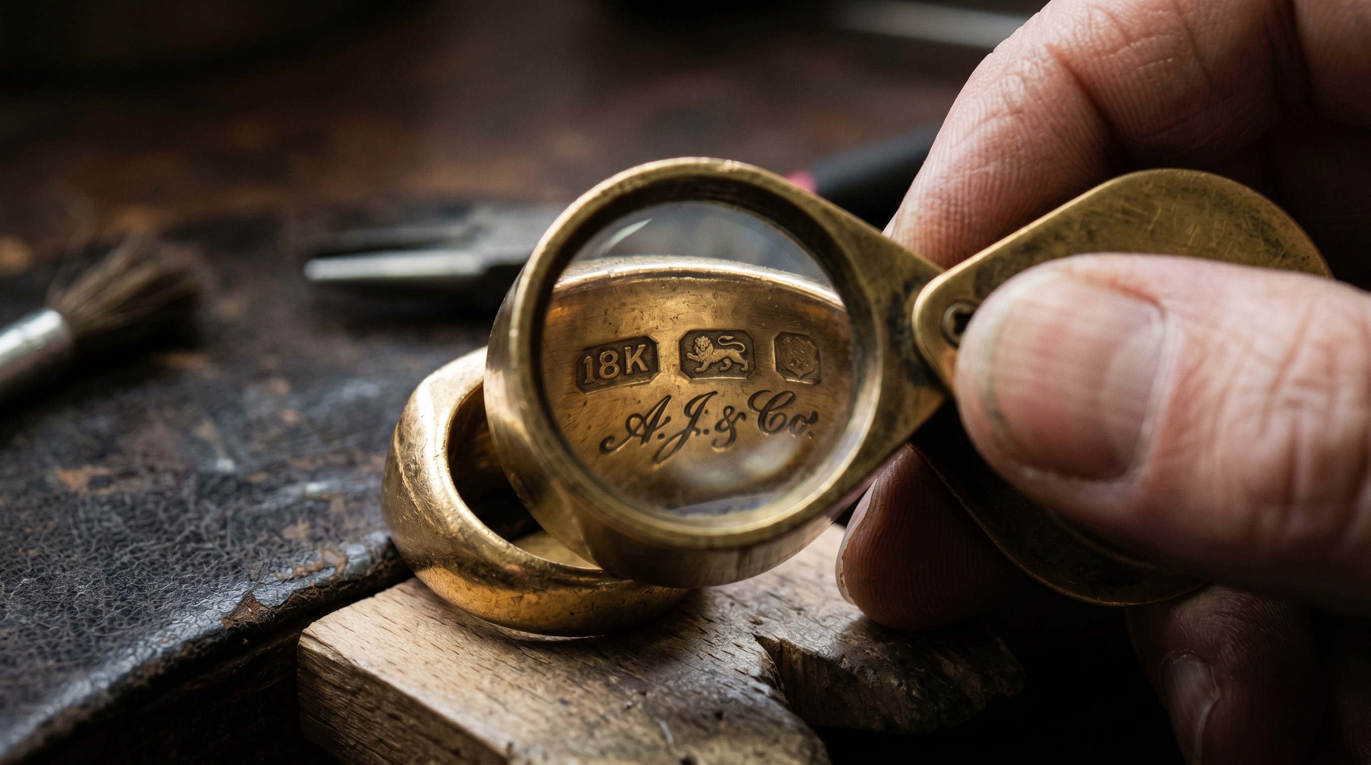 Jeweller's loupe over hallmarks and a maker's signature inside a gold ring
