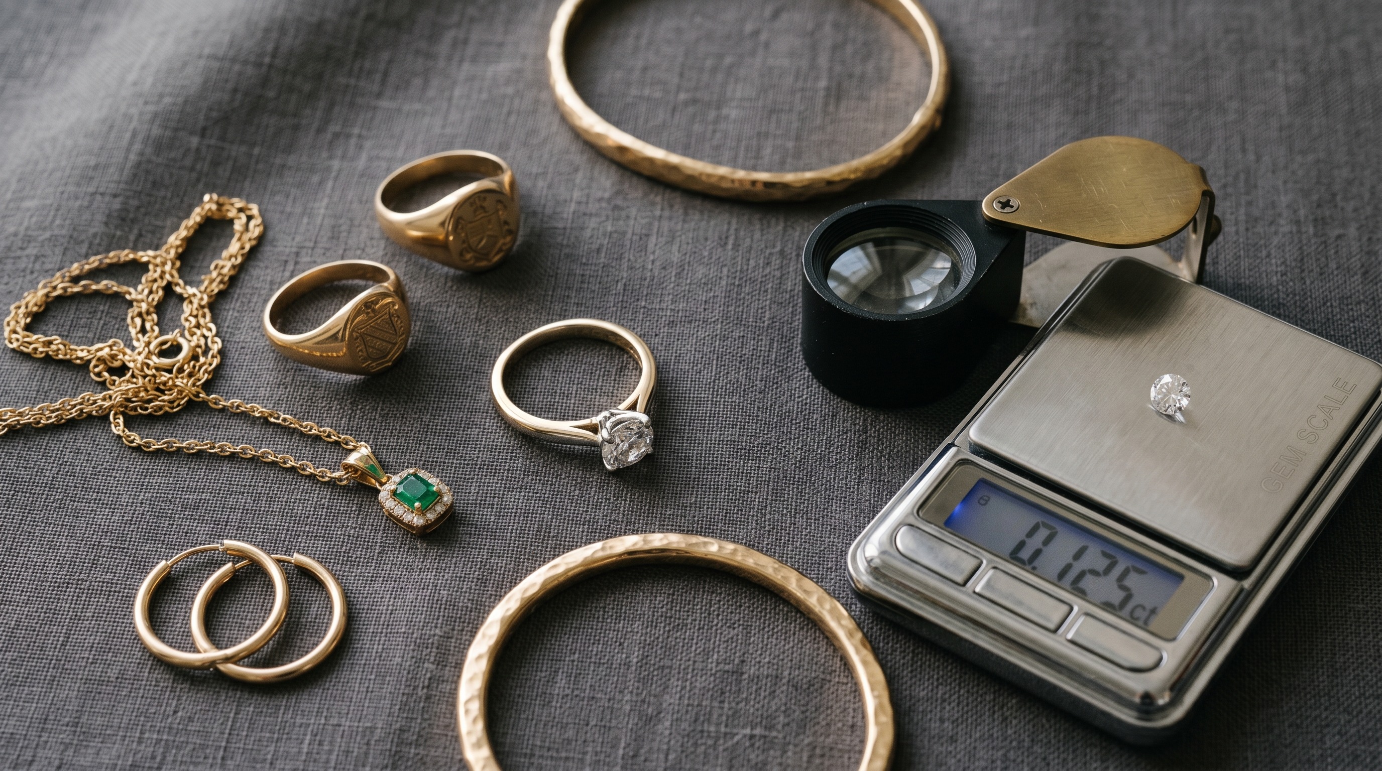 Fine gold jewellery beside a jeweller's loupe and gemstone scale