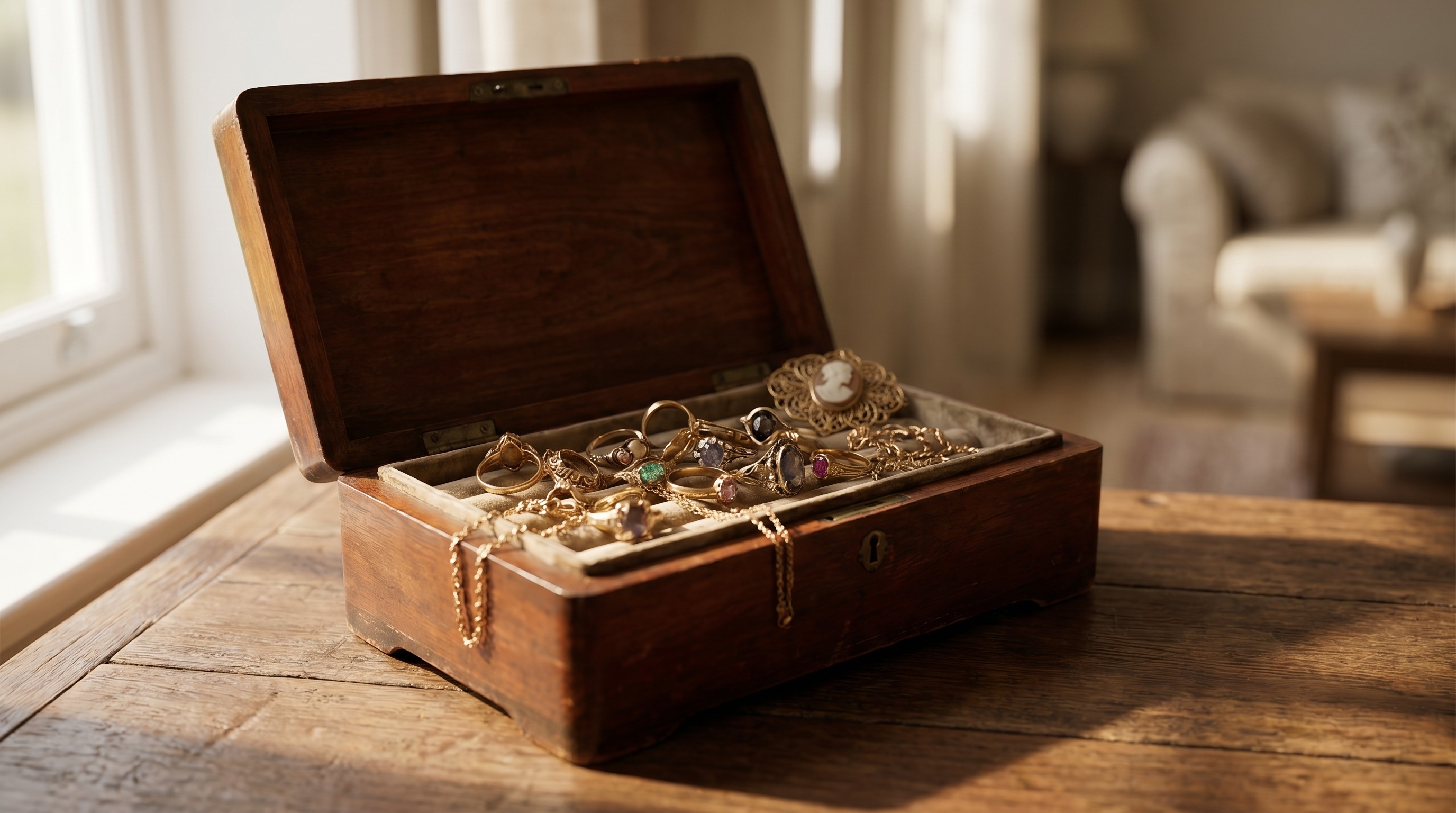 Open antique jewellery box with inherited gold jewellery — Mozeris Fine Antiques