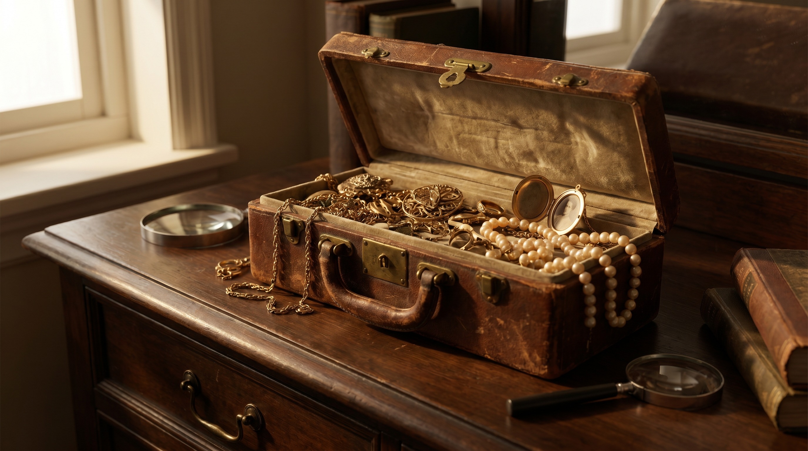 Vintage jewellery box of inherited gold pieces, pearls and a locket