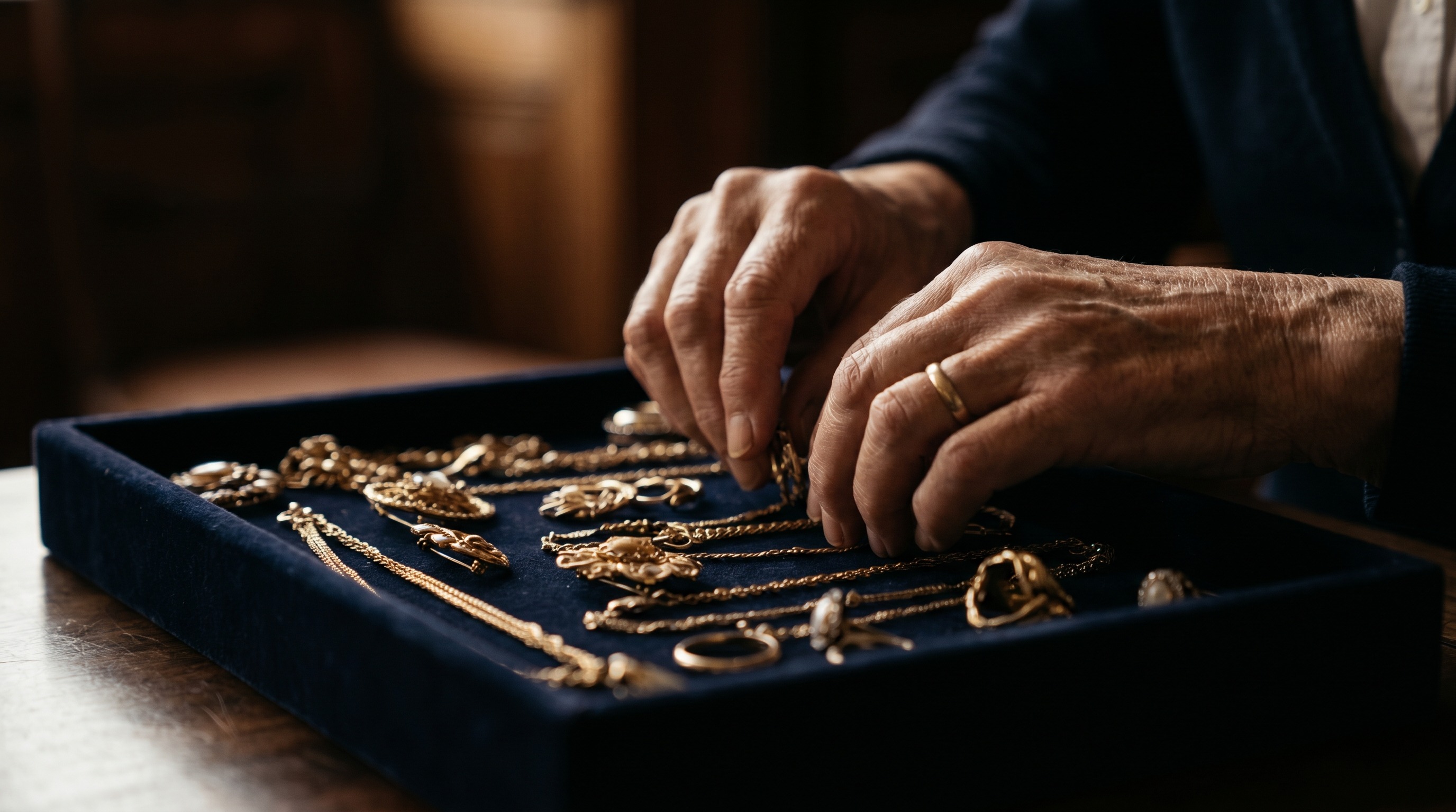 Hands gently sorting inherited gold jewellery on a velvet tray