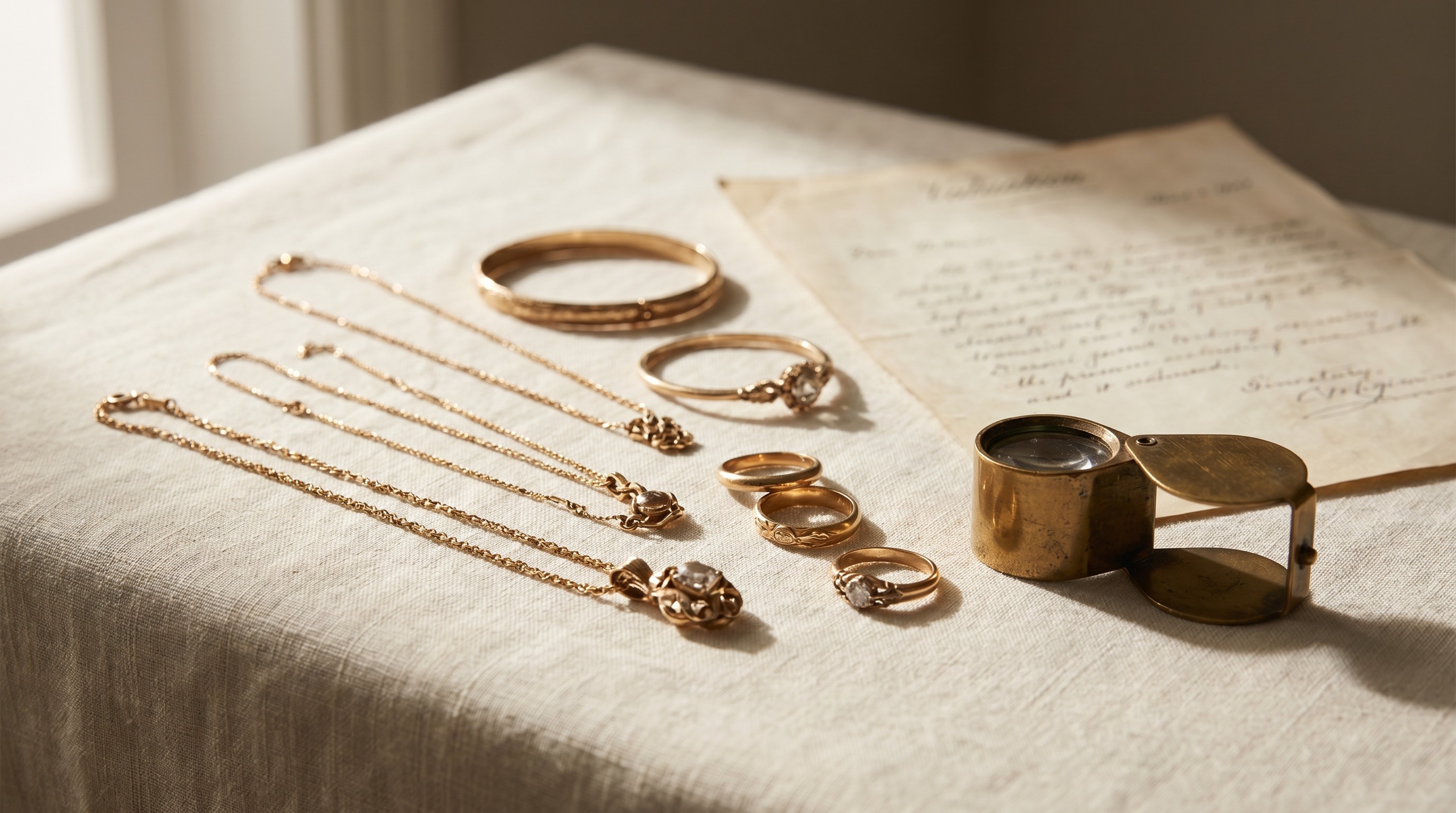 Inherited gold jewellery laid out beside a written valuation document and a loupe