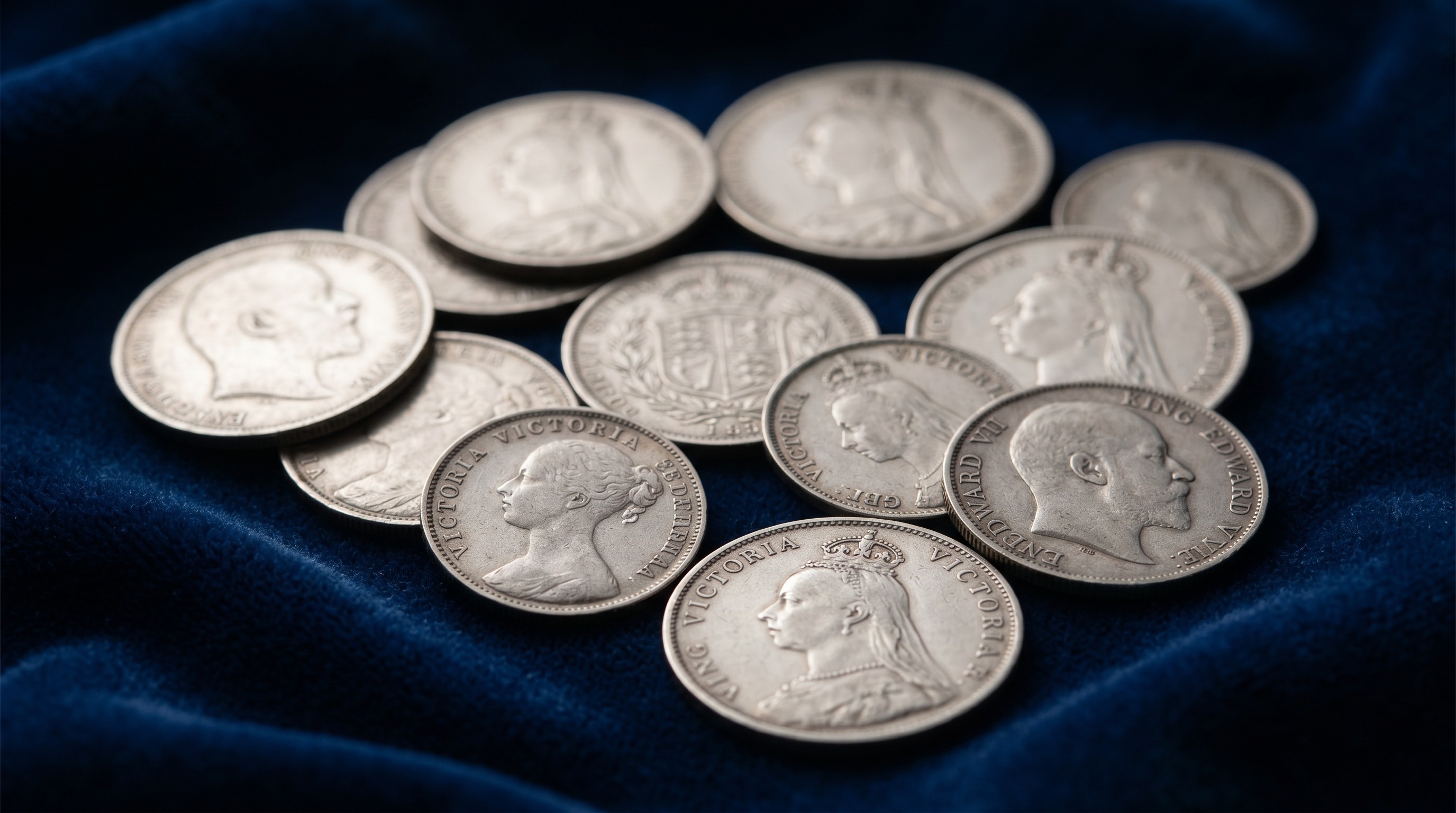 Antique pre-1920 British sterling silver coins on velvet — Mozeris Fine Antiques