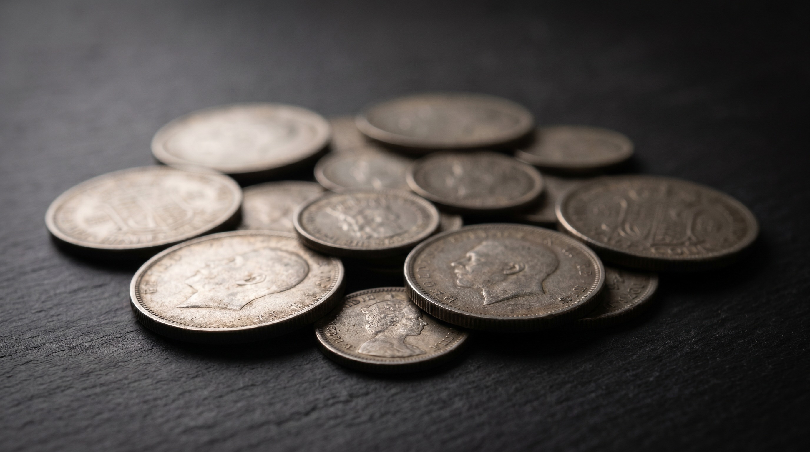 Pile of pre-1947 British silver coins — florins, shillings, half crowns — Mozeris Fine Antiques