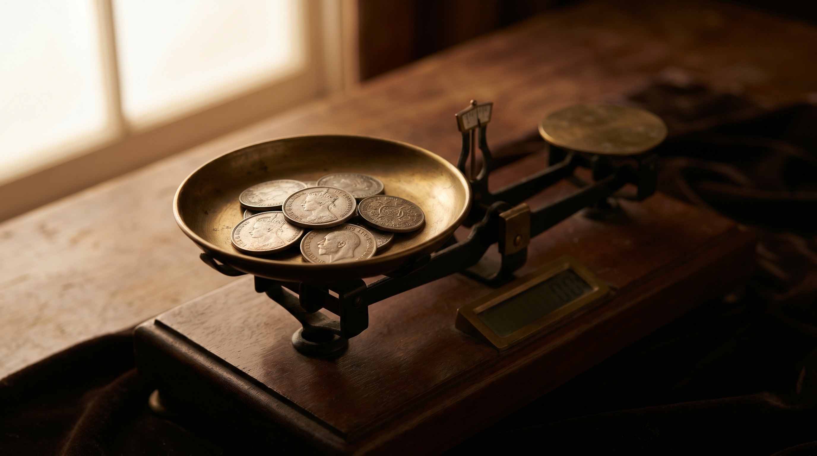 Pre-1947 British silver coins on a jeweller's scale